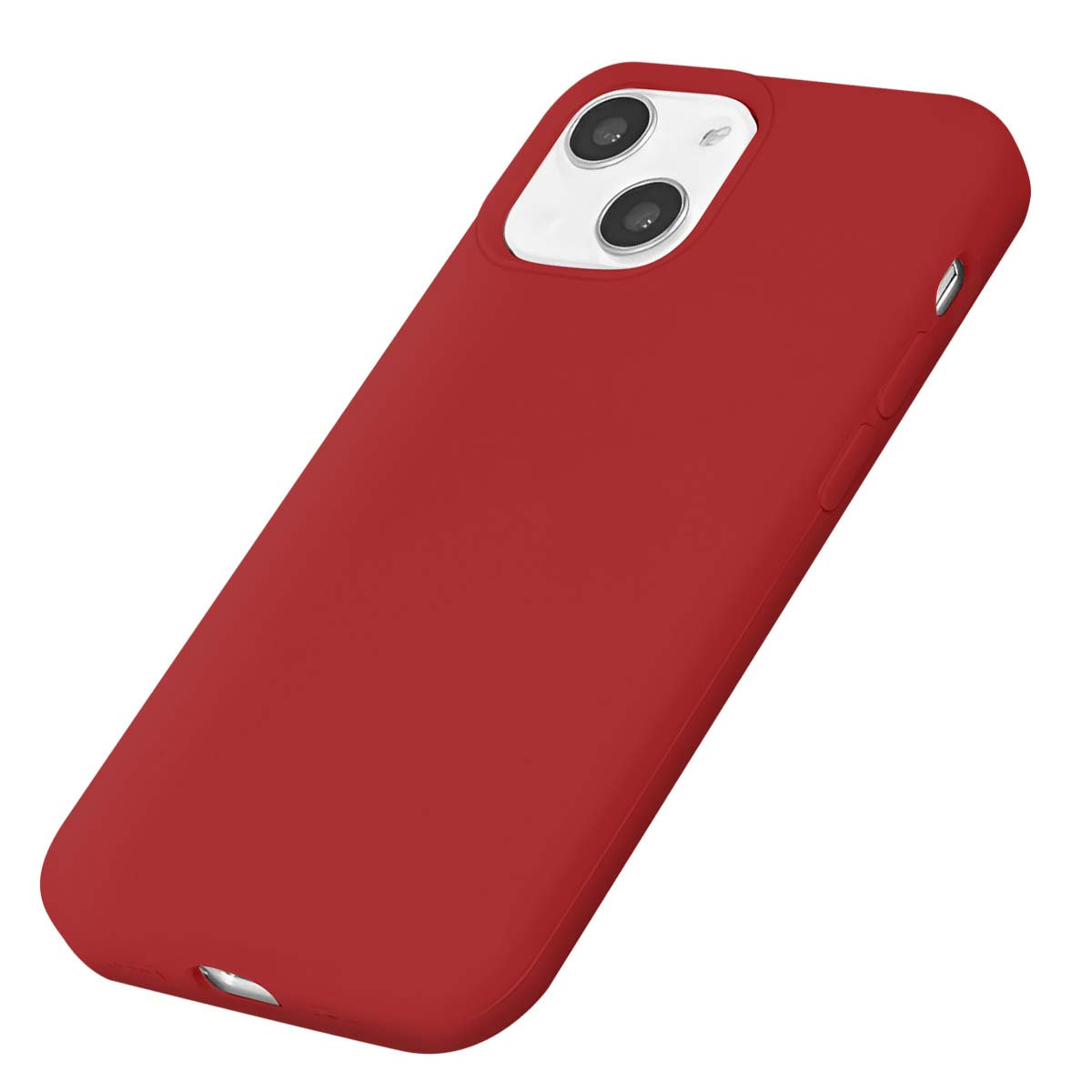 Custodia rossa per iPhone con ritaglio doppia fotocamera, vista angolata.