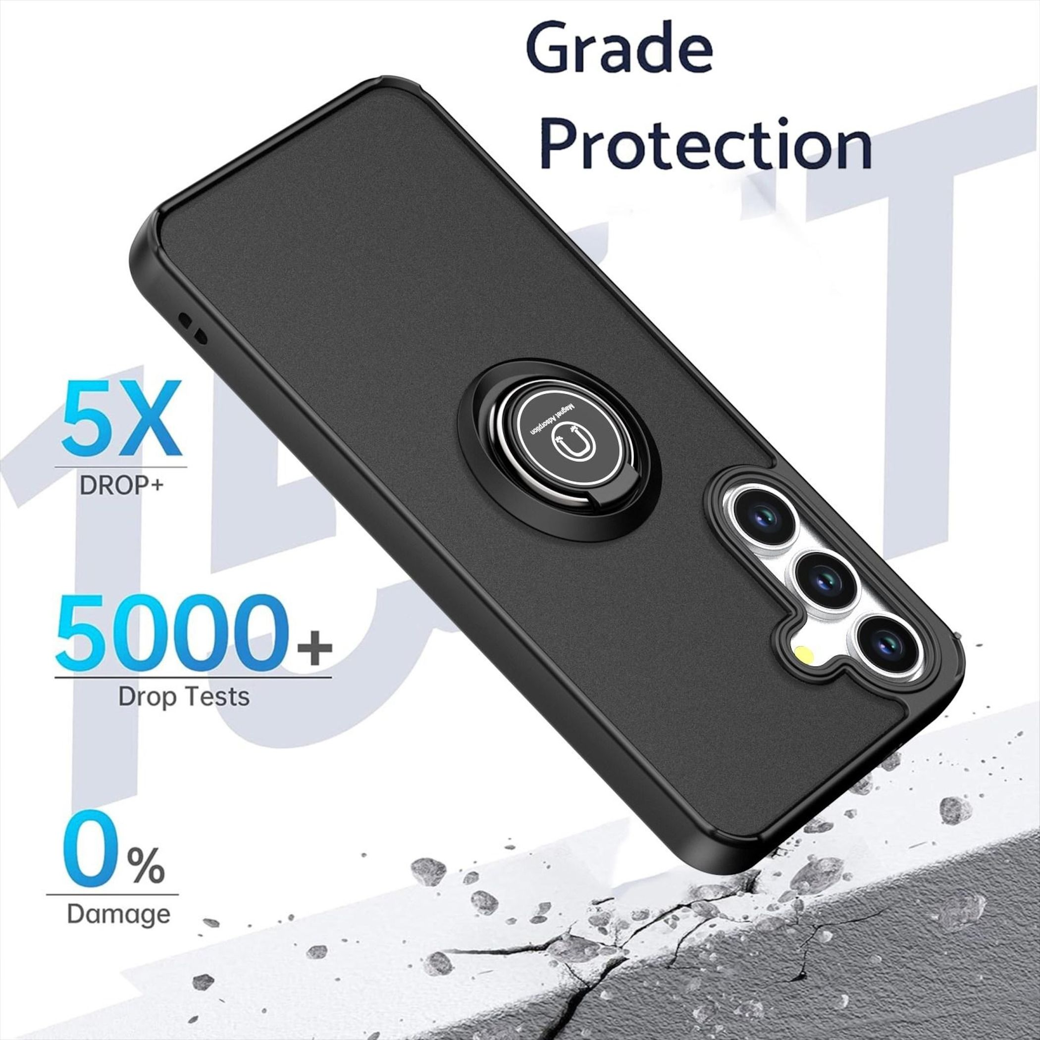 Custodia nera per telefono con anello magnetico, mostra protezione da caduta 5X e 0% danni.