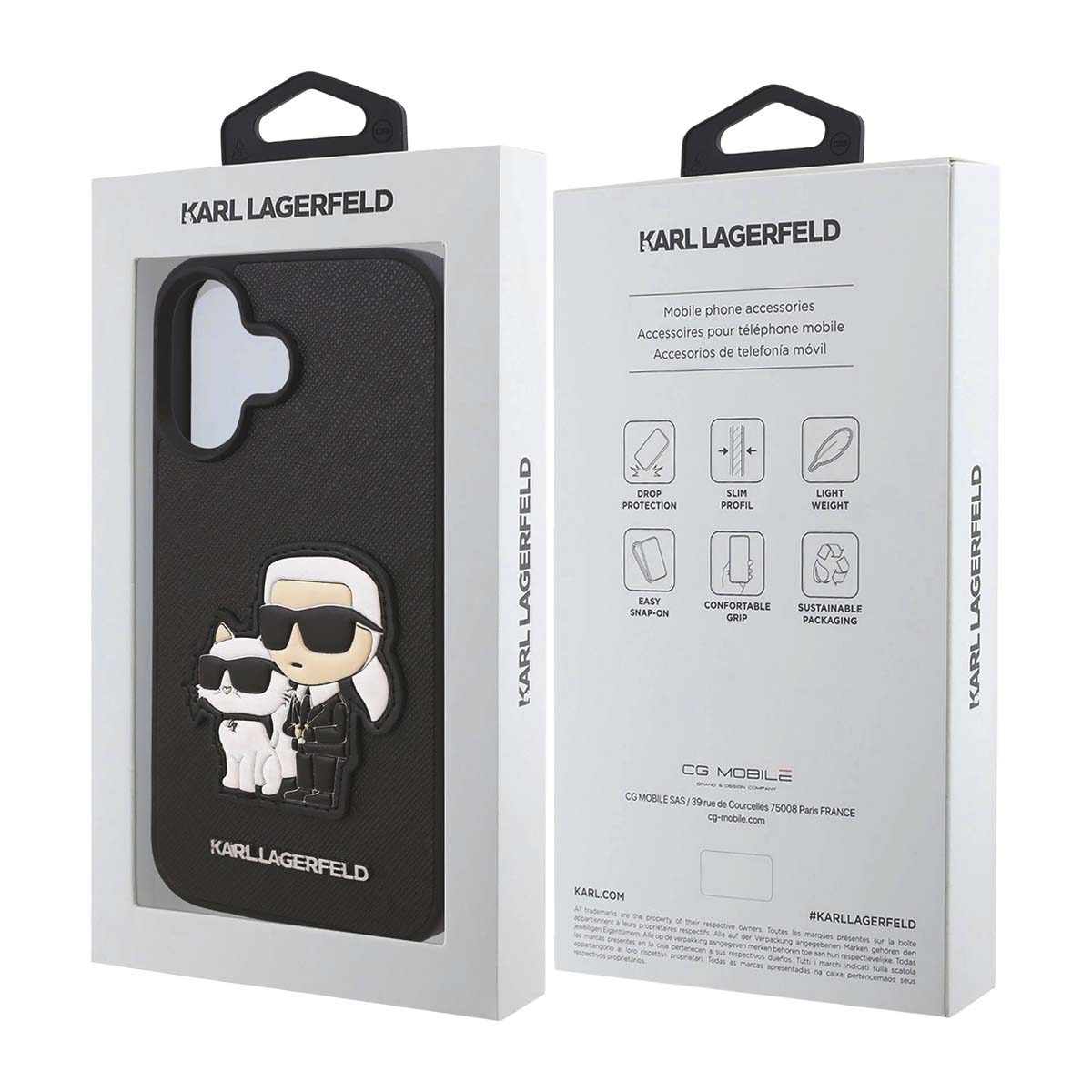 Custodia Karl Lagerfeld con design Karl Lagerfeld e gatto, sfondo nero.
