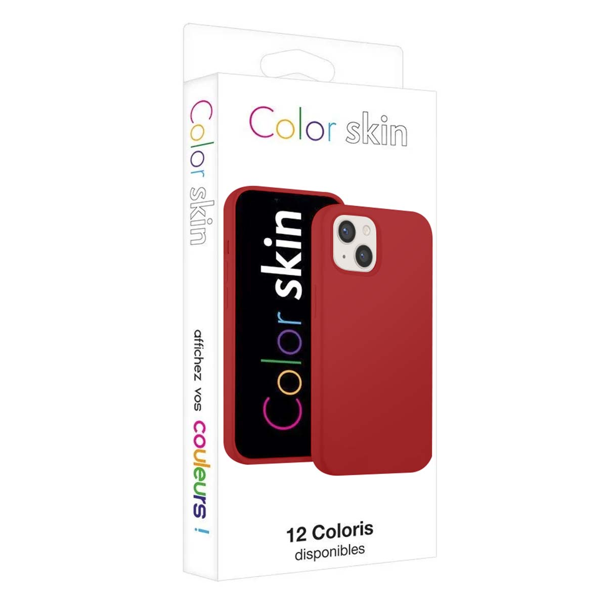 Cover rossa e telefono su confezione. Testo: Color skin. 12 colori.