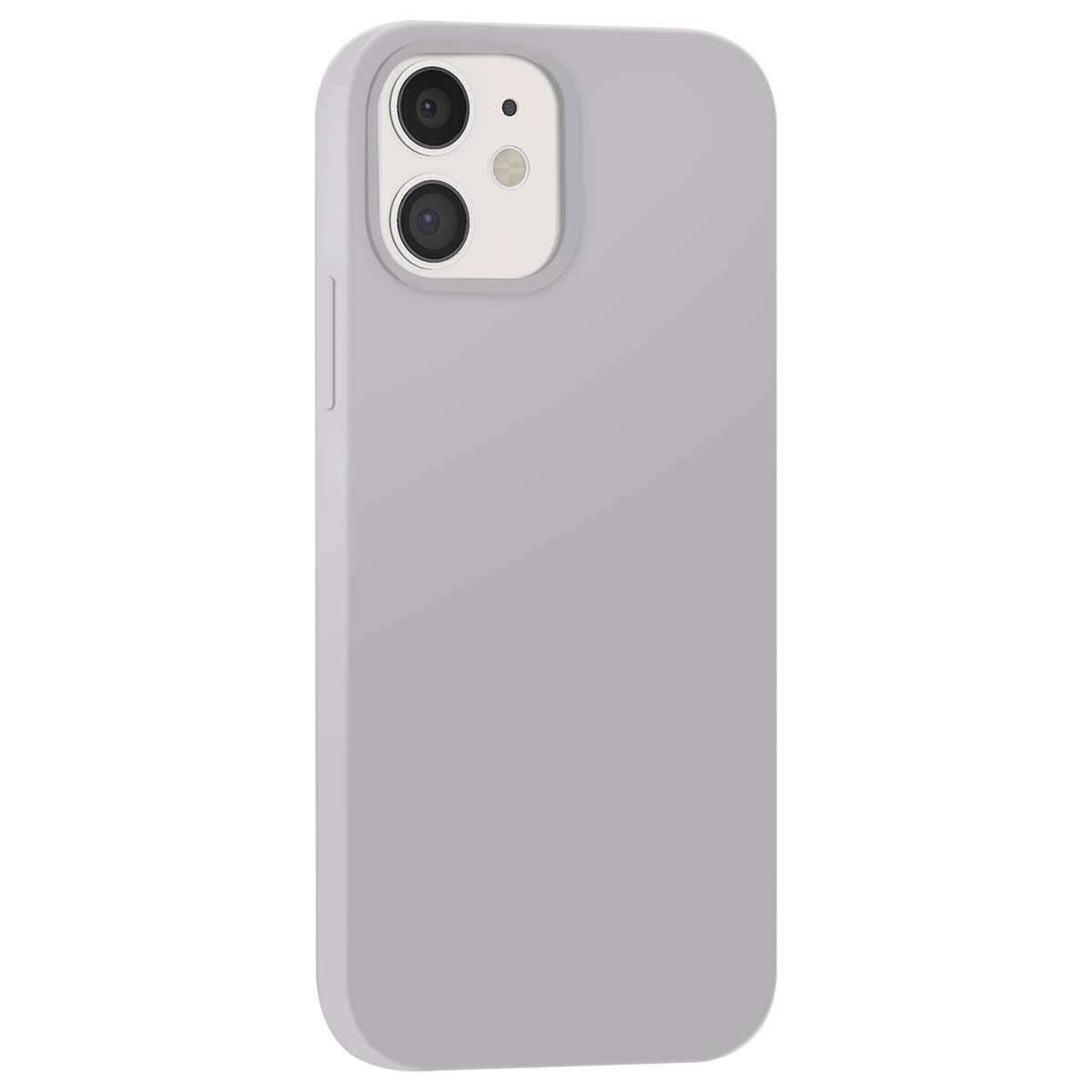Custodia grigia per telefono con ritaglio doppia fotocamera su sfondo bianco.