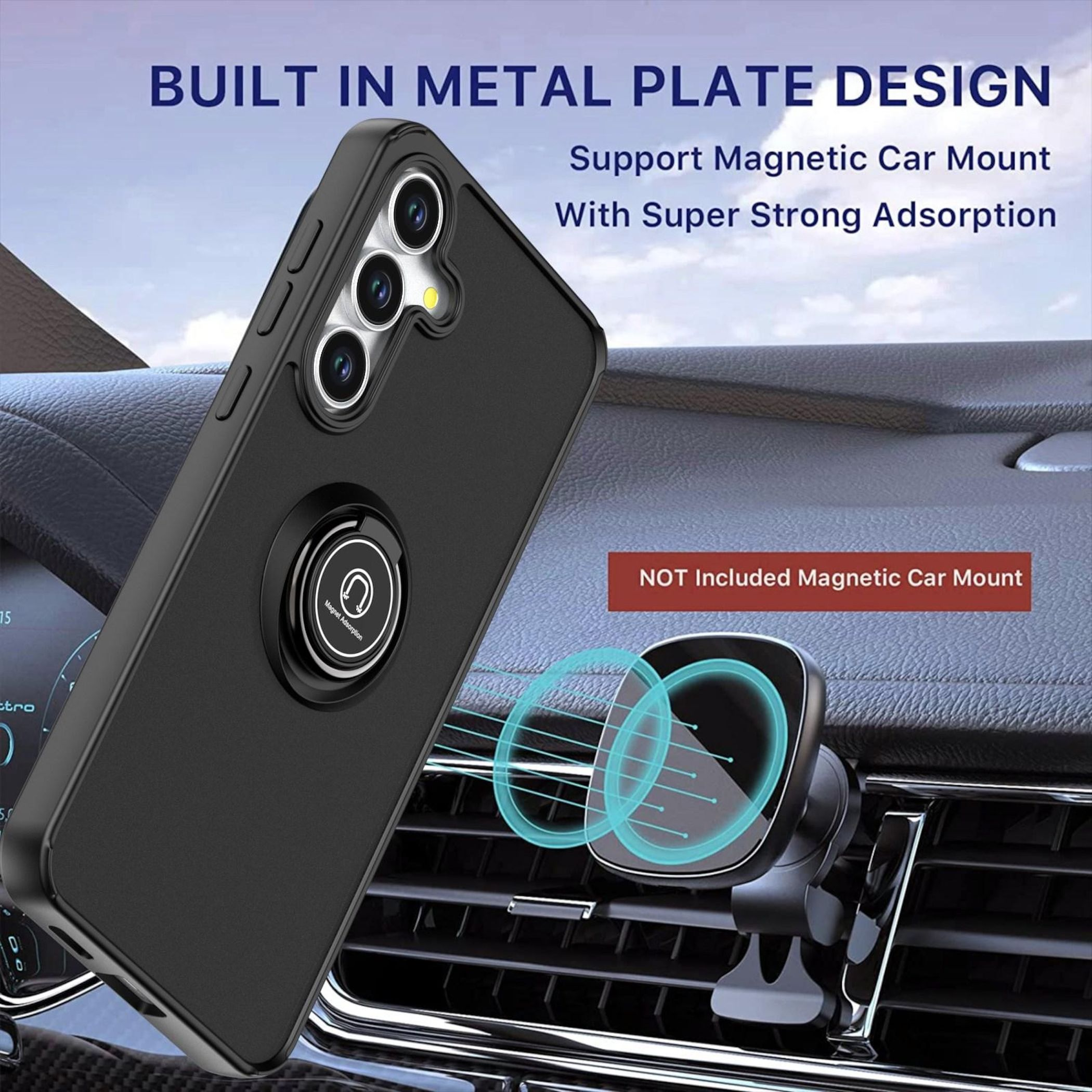 Custodia nera per telefono con anello magnetico su supporto per bocchetta d'aria per auto.