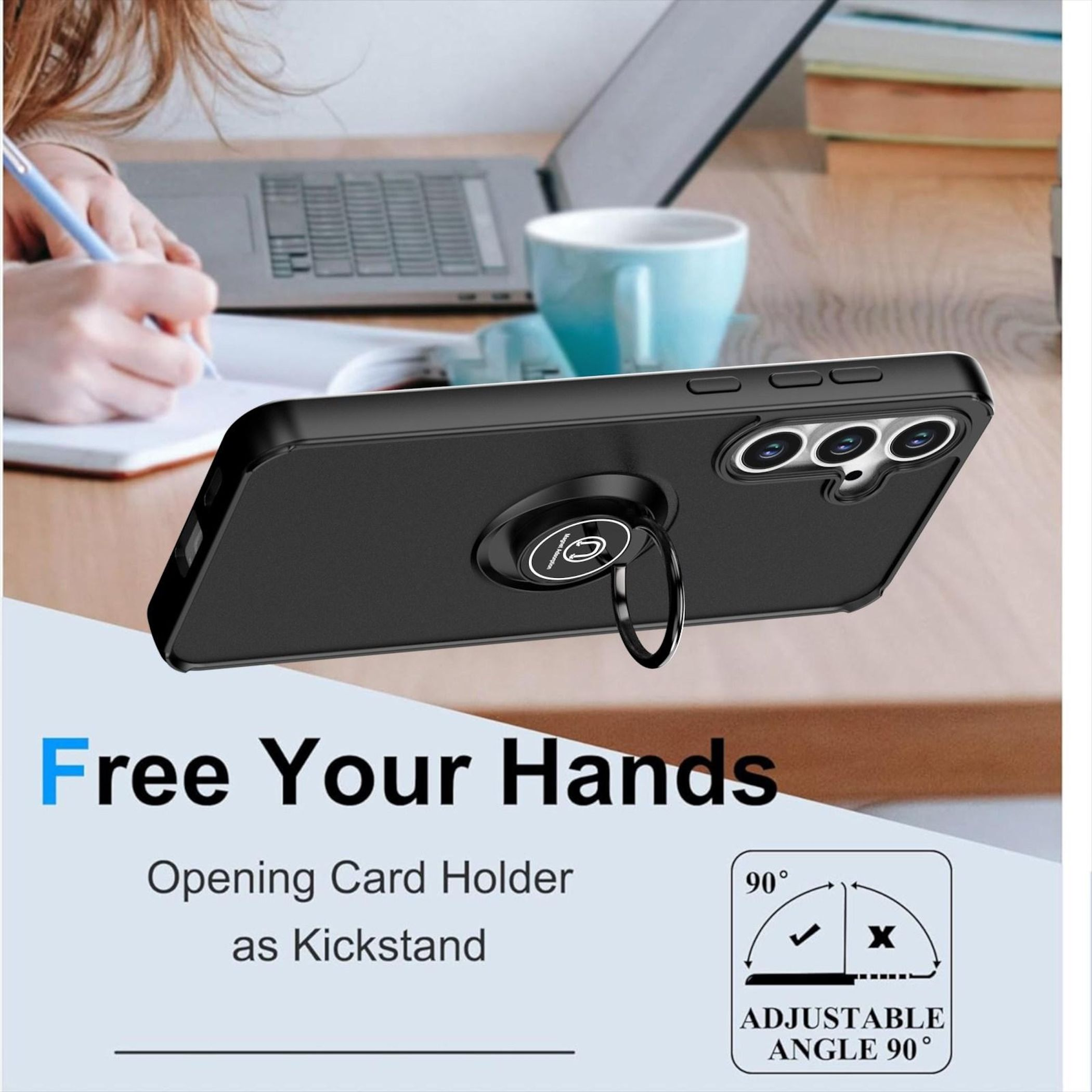 Cover nera per telefono con anello portaoggetti su scrivania con laptop, tazza caffè e libri.