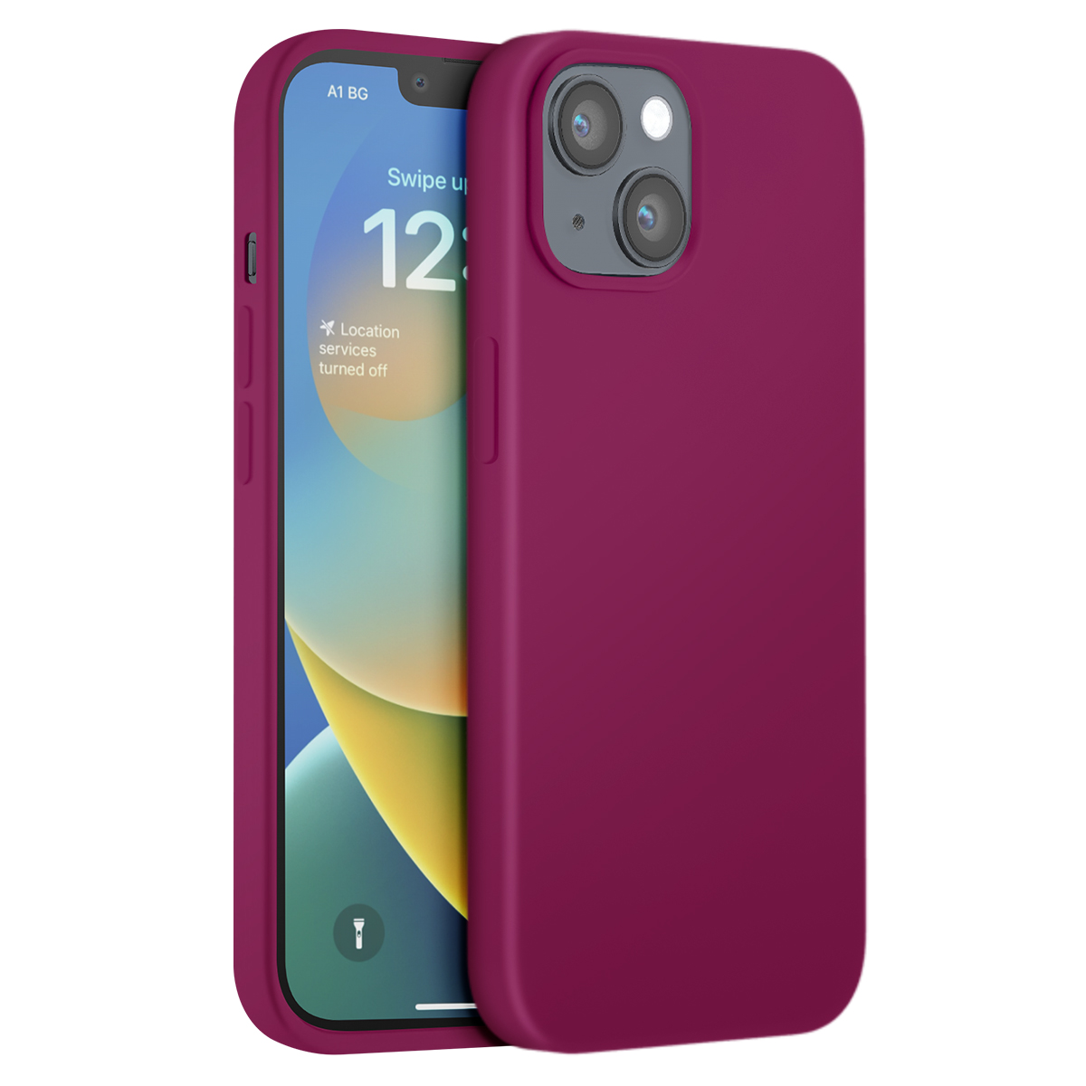 Mostrata una custodia viola per iPhone 14, con il telefono parzialmente visibile, che mostra la schermata di blocco.