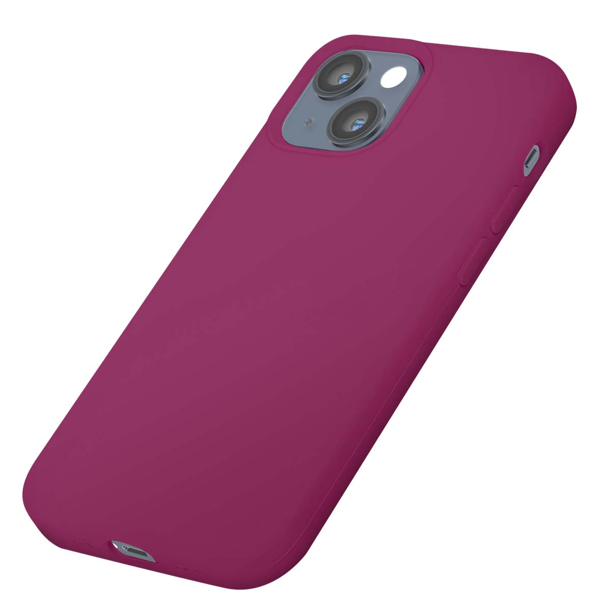 Una cover per iPhone rosa scuro con ritaglio fotocamera e pulsanti laterali.