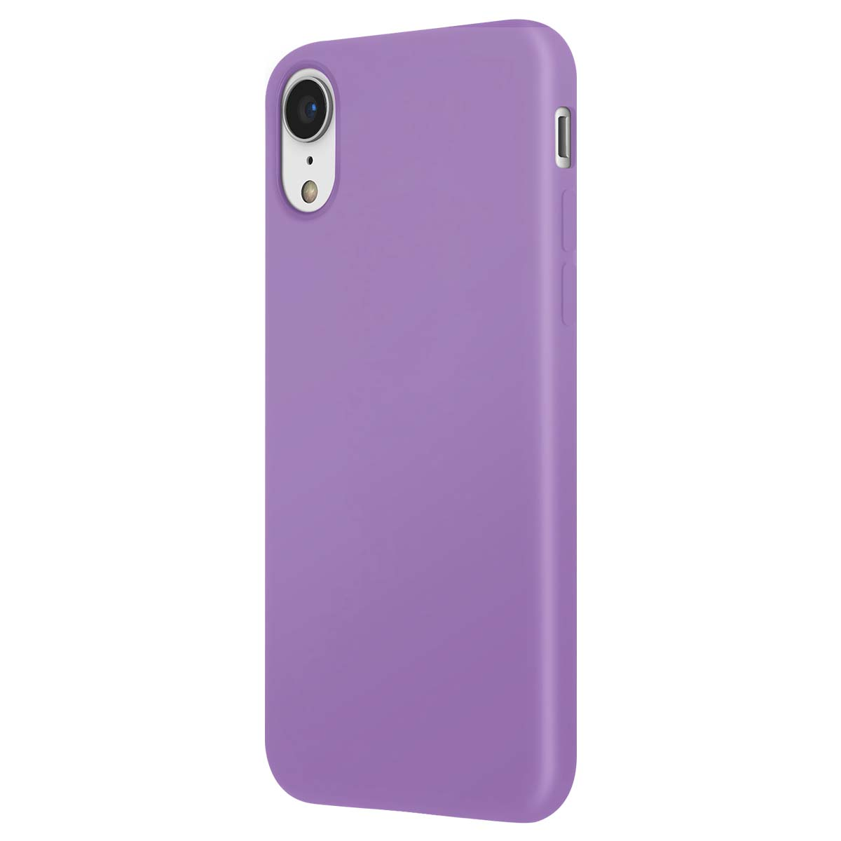 Funda de teléfono morada con recorte de cámara y botones laterales.