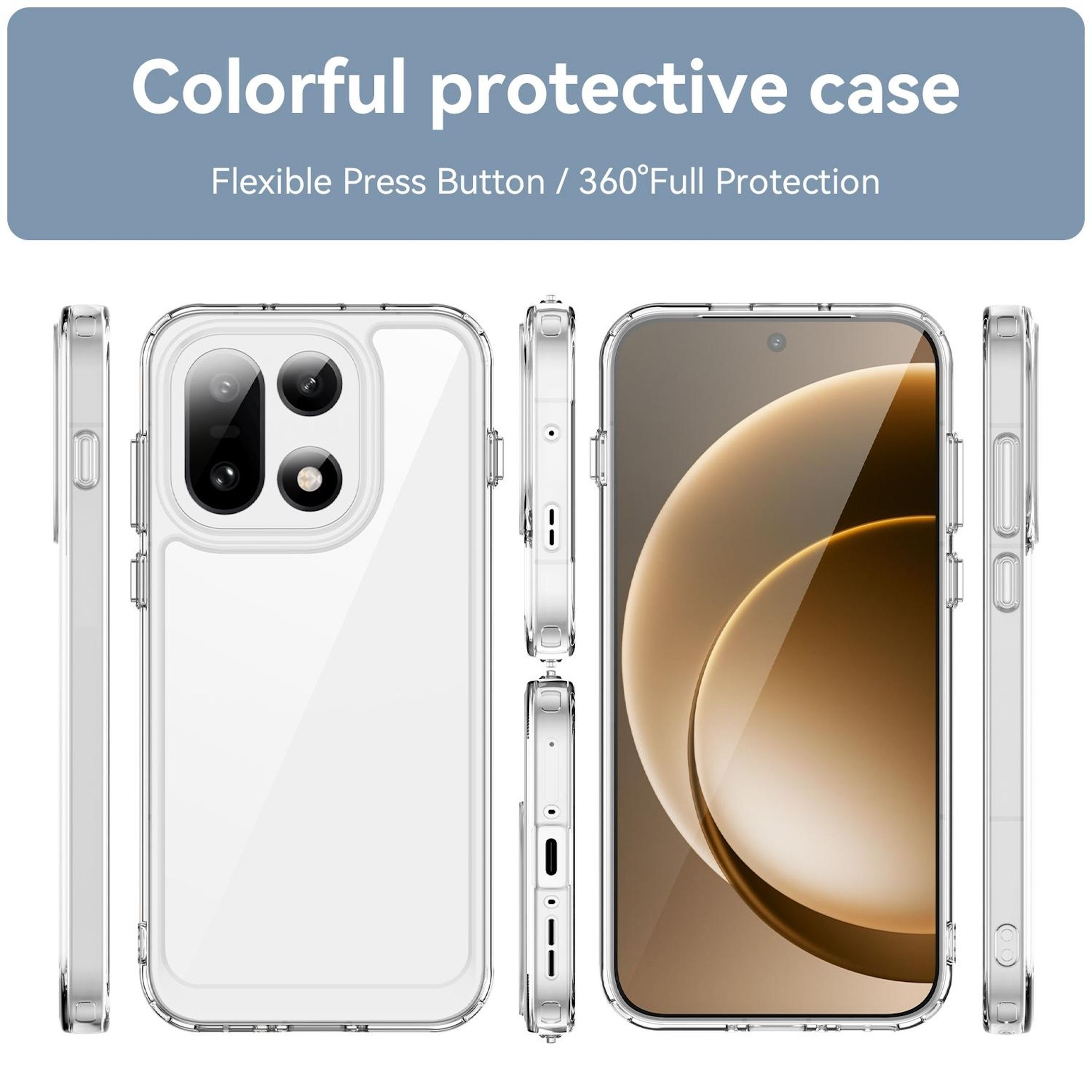 Custodia protettiva trasparente per telefono mostrata da più angolazioni, con ritaglio fotocamera e pulsanti.