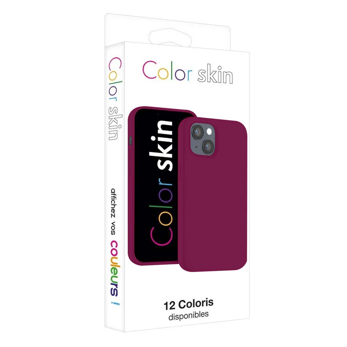 Confezione con cover viola per telefono e smartphone con testo "Color skin".