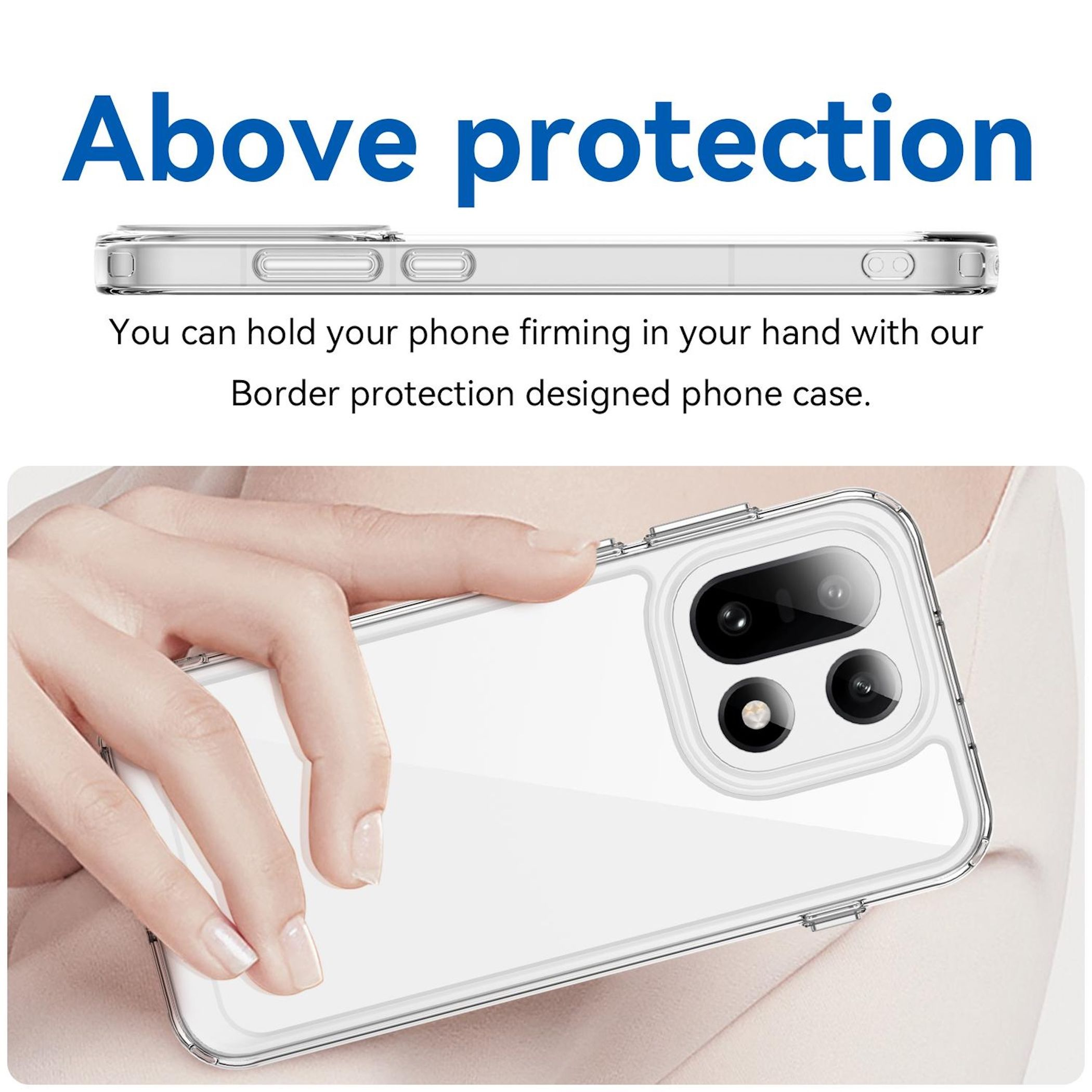 Una custodia trasparente protegge uno smartphone, tenuto dalle dita.