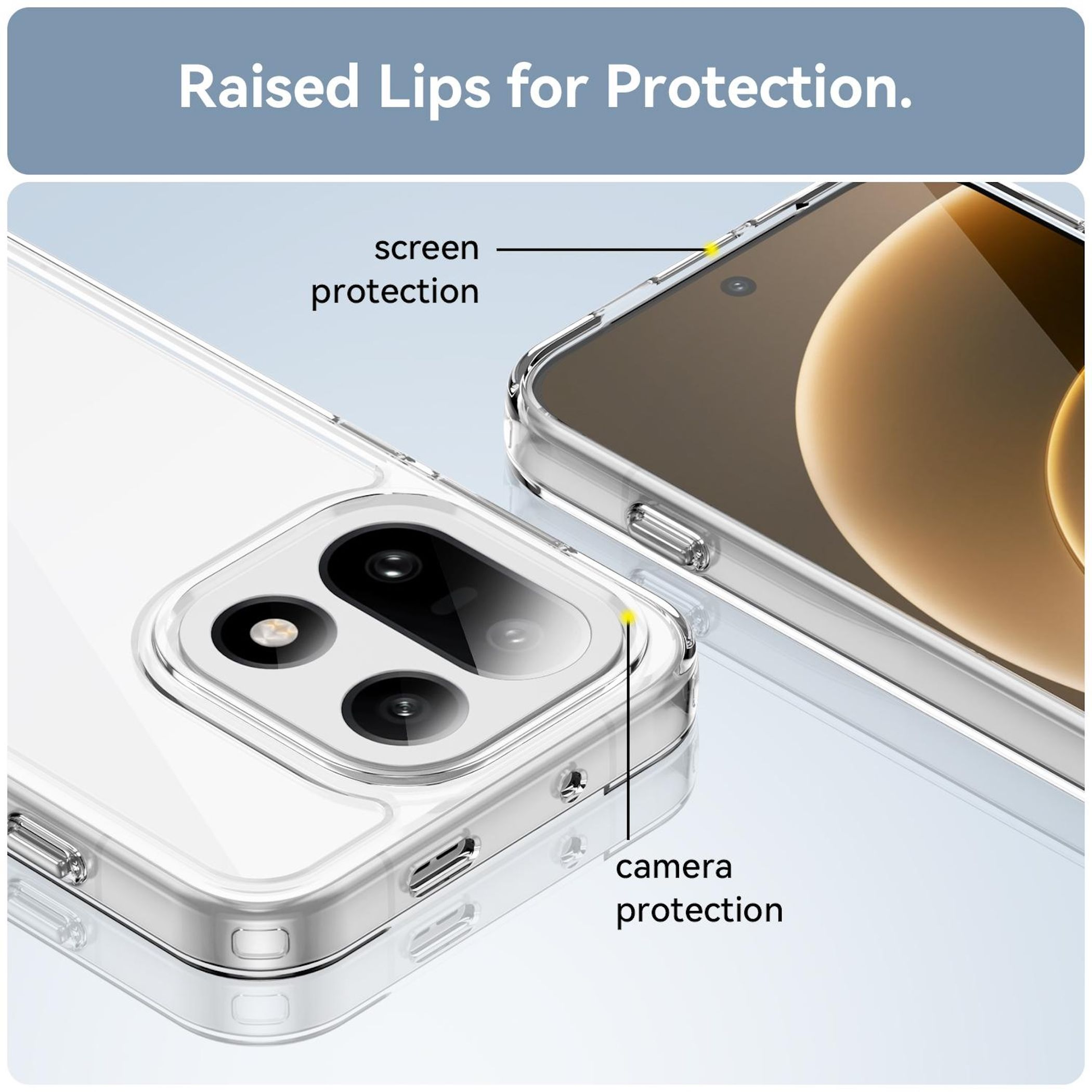 Custodia trasparente per telefono con labbra rialzate per protezione schermo e fotocamera.