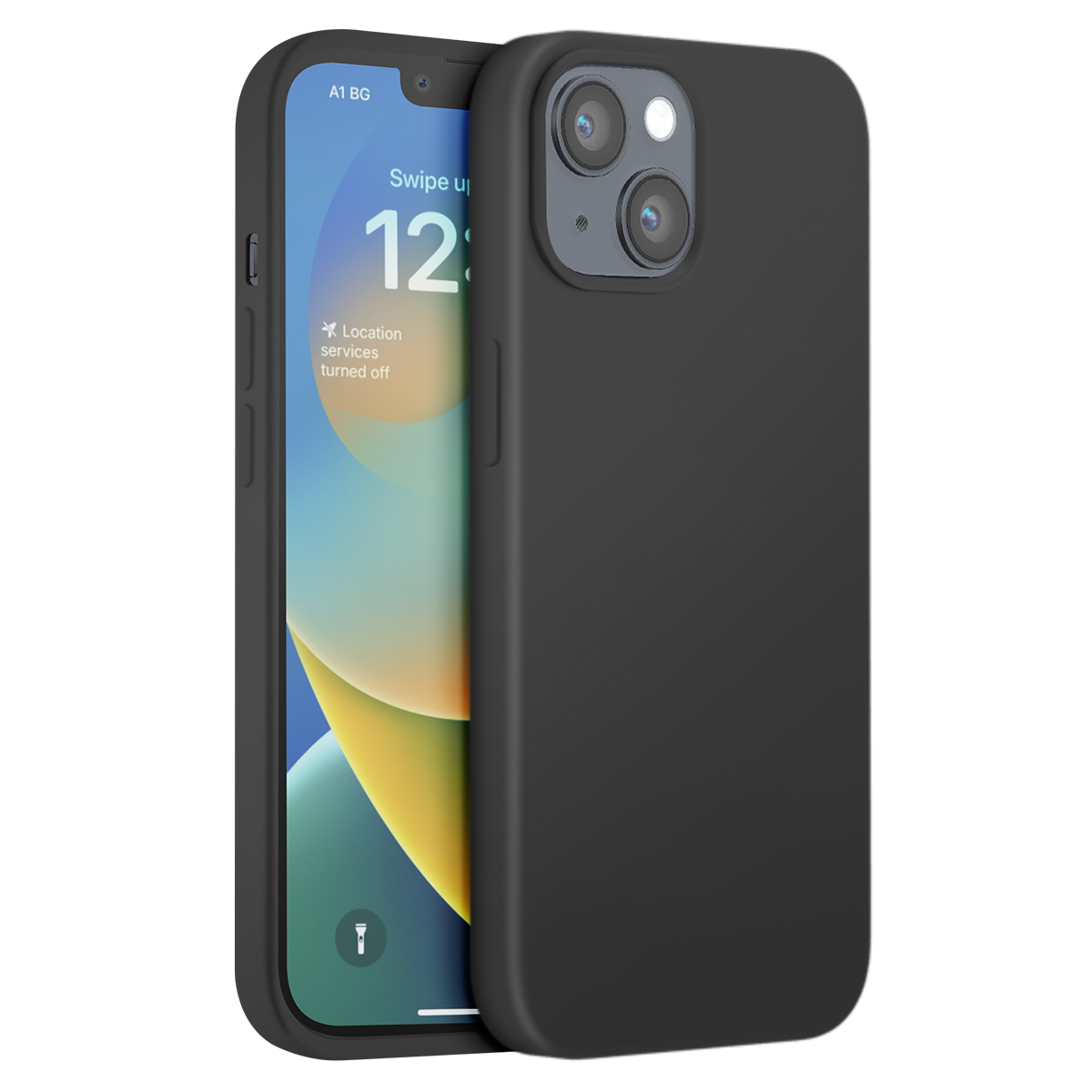 iPhone nero in custodia, che mostra la schermata di blocco con l'ora 12:00.