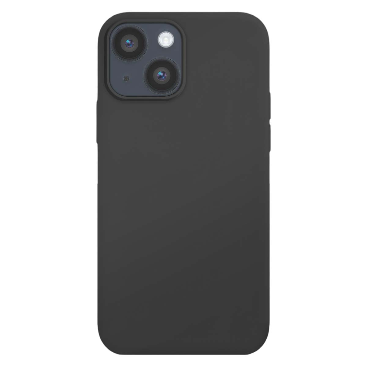 Una cover nera per telefono con sistema a doppia fotocamera su sfondo bianco.