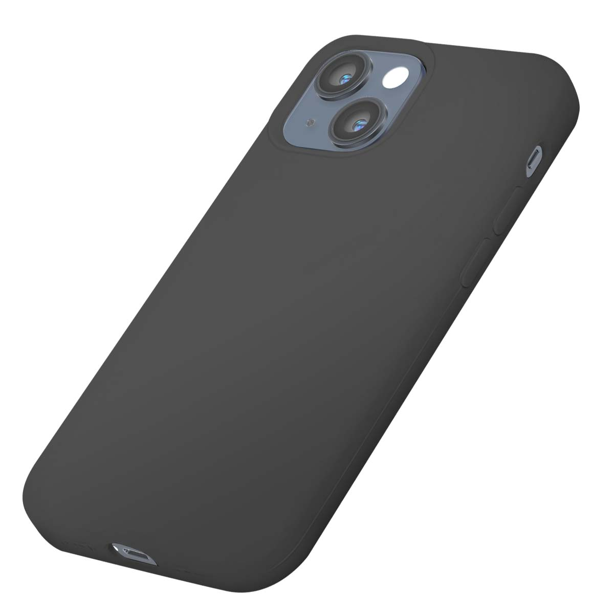 Una cover grigio scuro per telefono con ritaglio per doppia fotocamera è mostrata su sfondo bianco.