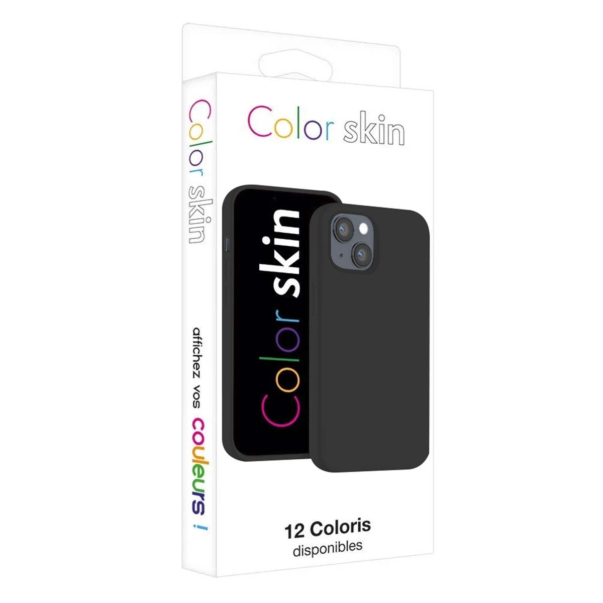 Confezione con telefono e custodia neri. Logo "Color skin".