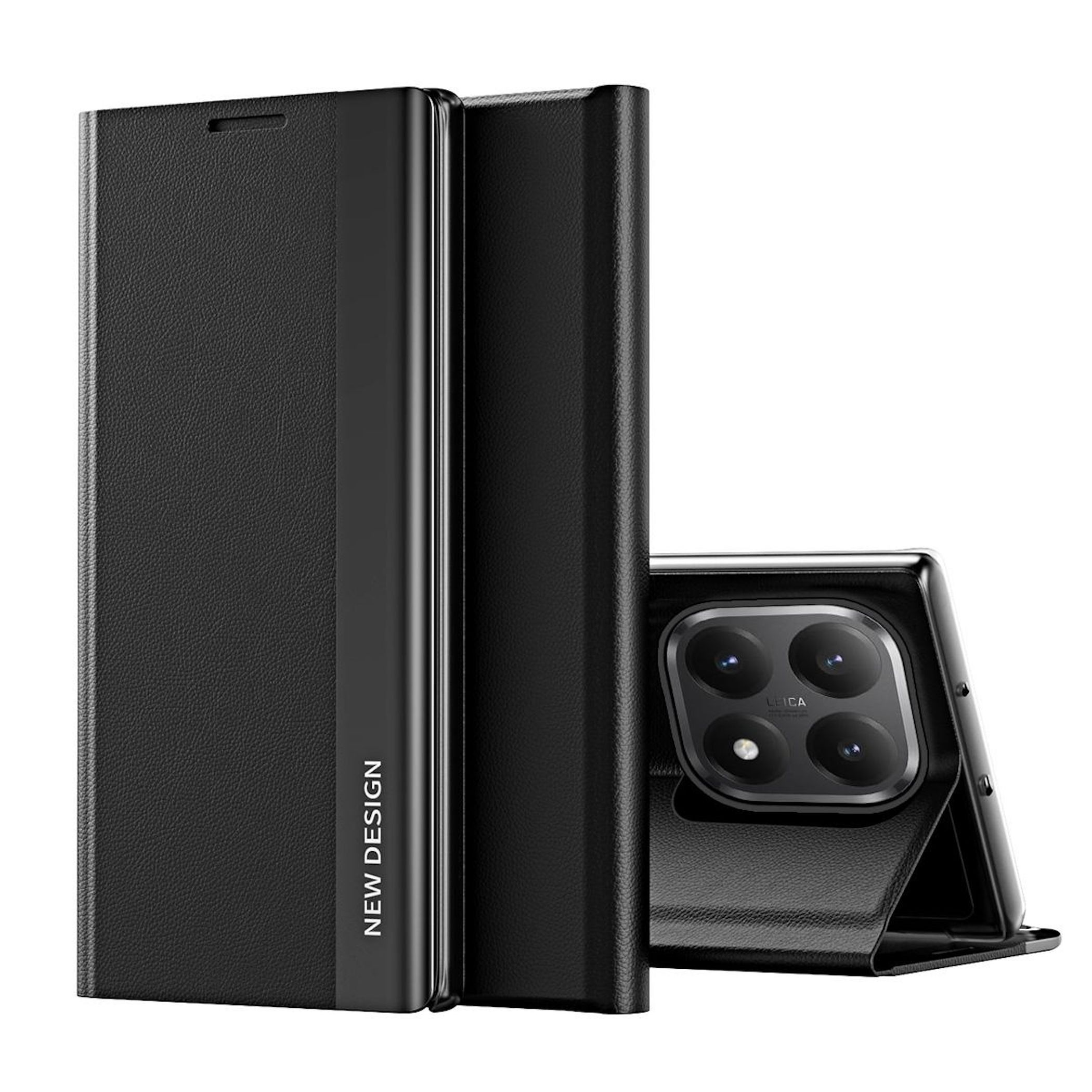 Una custodia nera in pelle per telefono con flip cover, che mostra la fotocamera di un telefono.