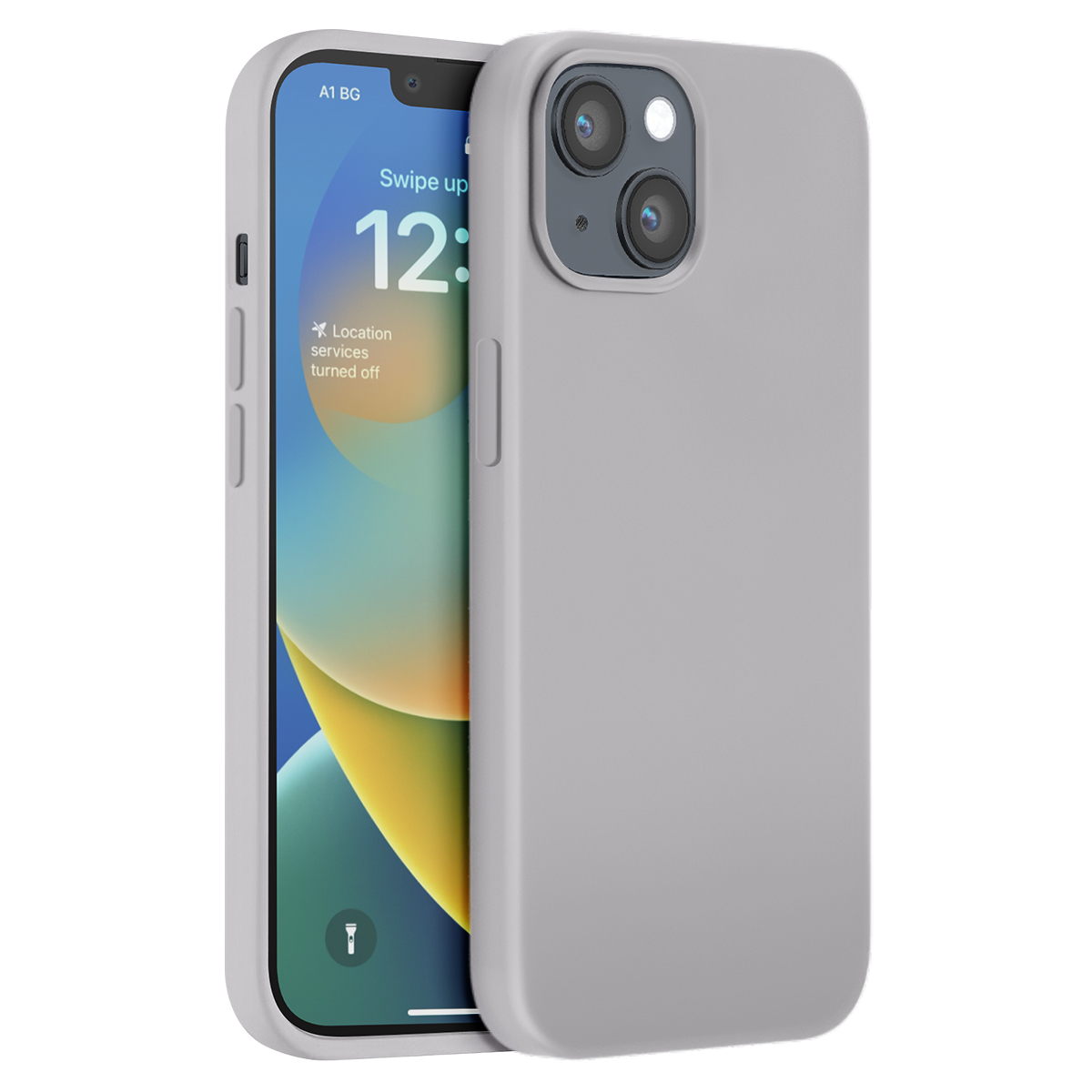 Una cover grigio chiaro è mostrata su uno smartphone con schermata di blocco colorata.