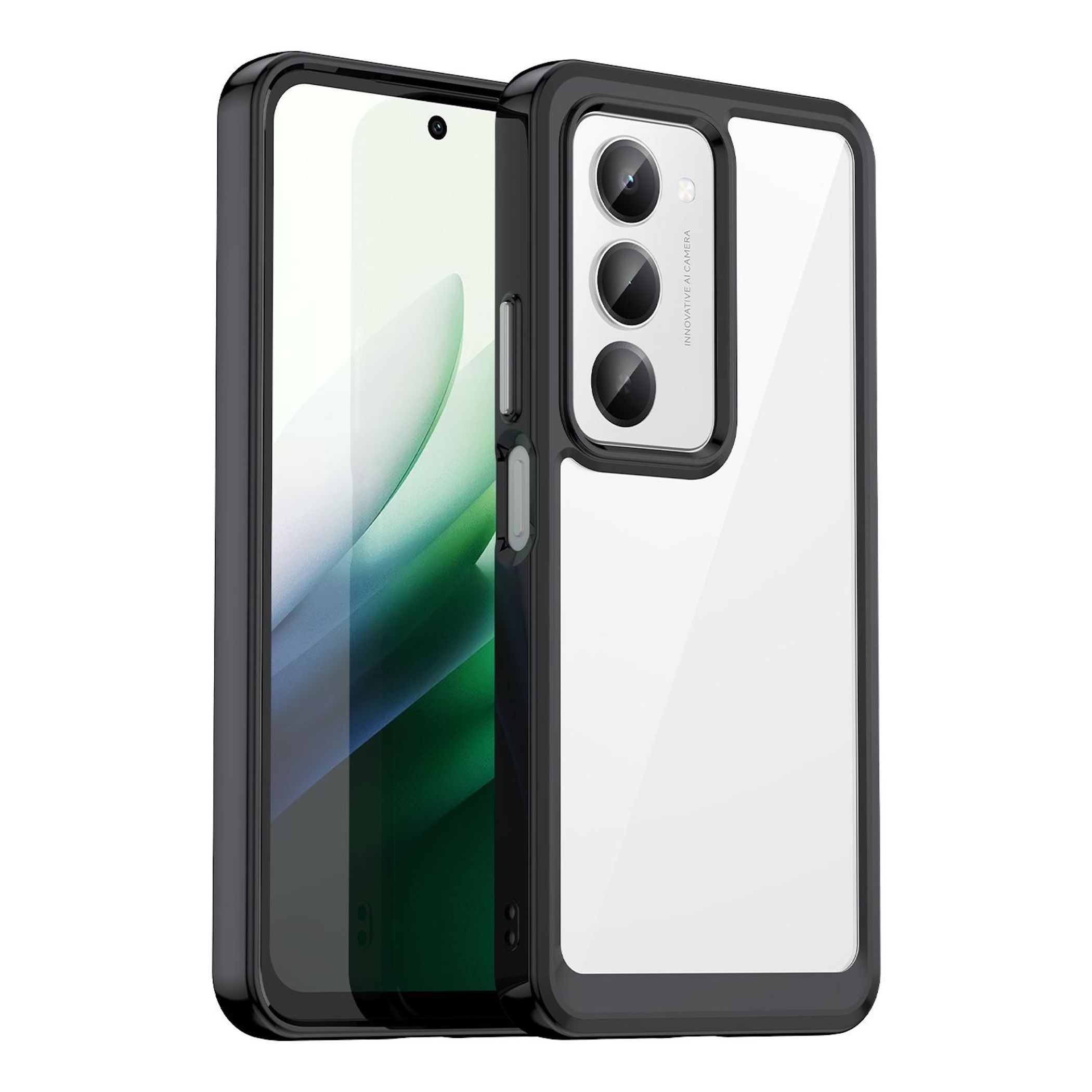 Una custodia trasparente per telefono con cornice nera e retro trasparente.