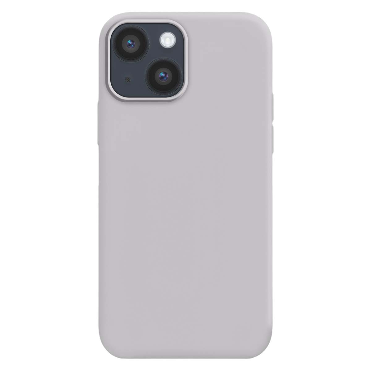 Una custodia per telefono grigio chiaro con un sistema a doppia fotocamera sul retro.