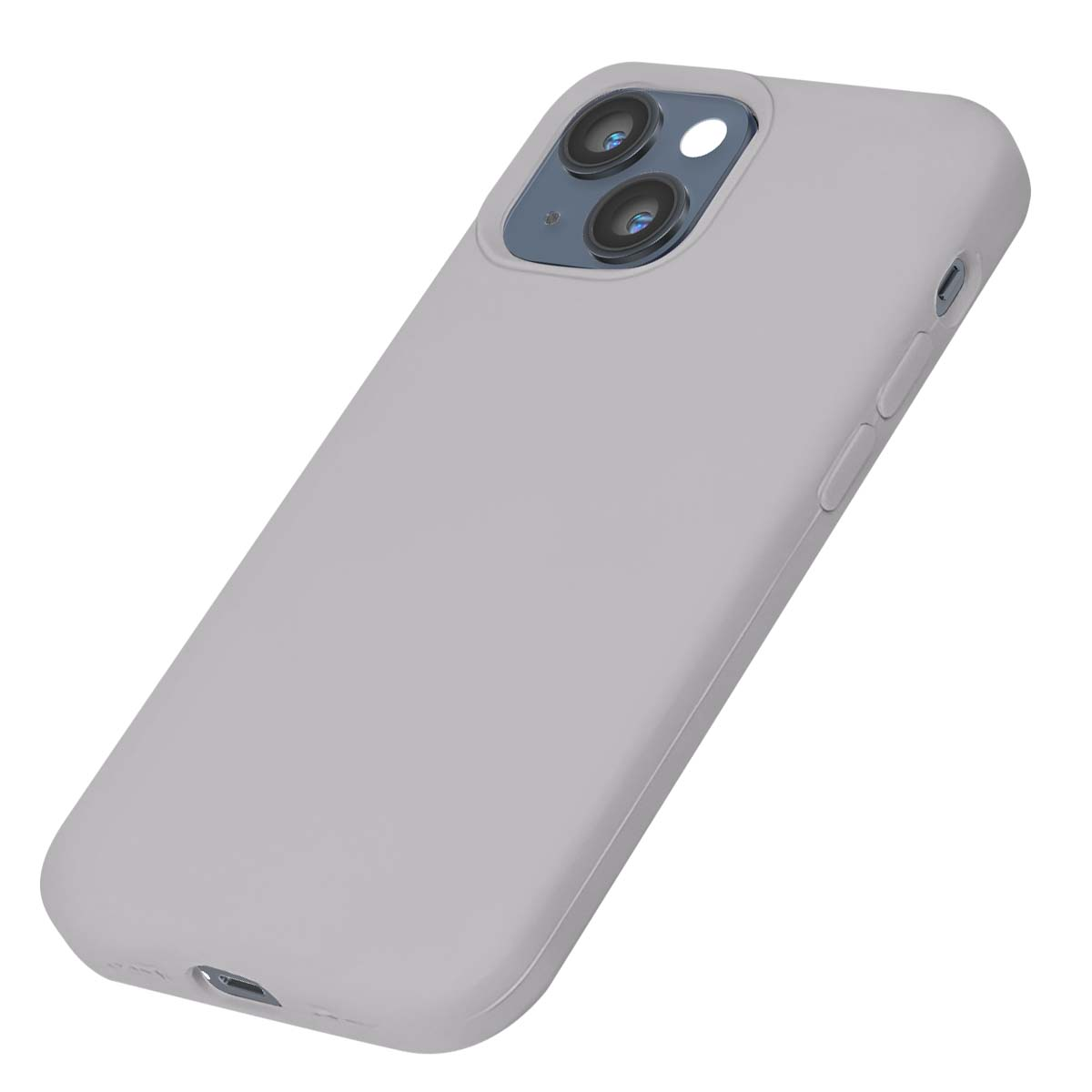 Una custodia grigio chiaro per iPhone con ritaglio doppia fotocamera è visibile su sfondo bianco.