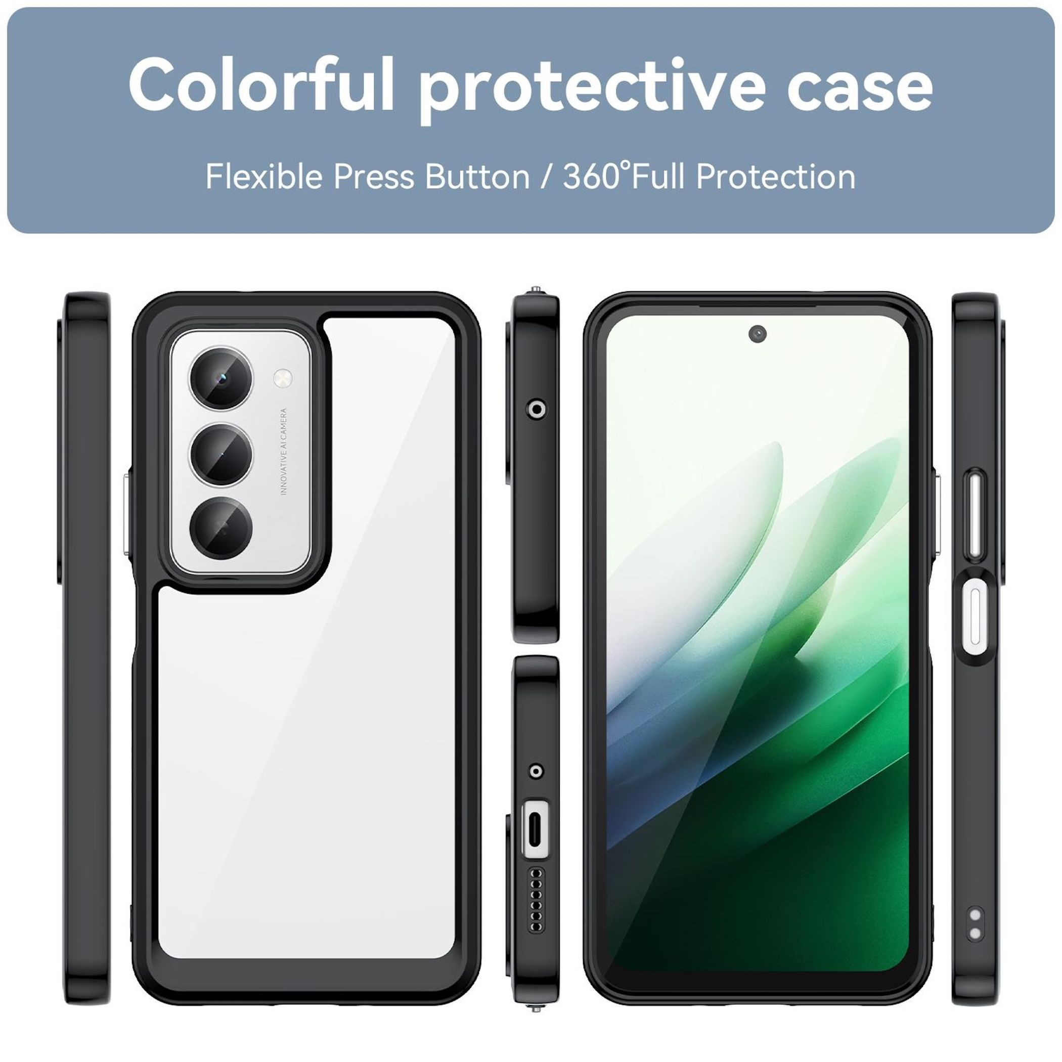 Custodia nera per telefono con retro trasparente che mostra la fotocamera. Testo: Colorful protective case.