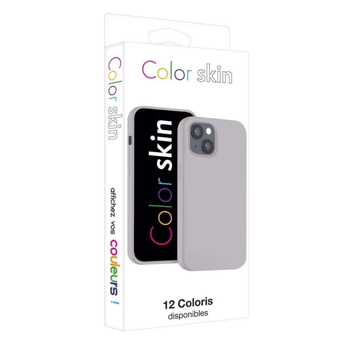 Custodia grigia per telefono con testo Color skin sulla confezione.