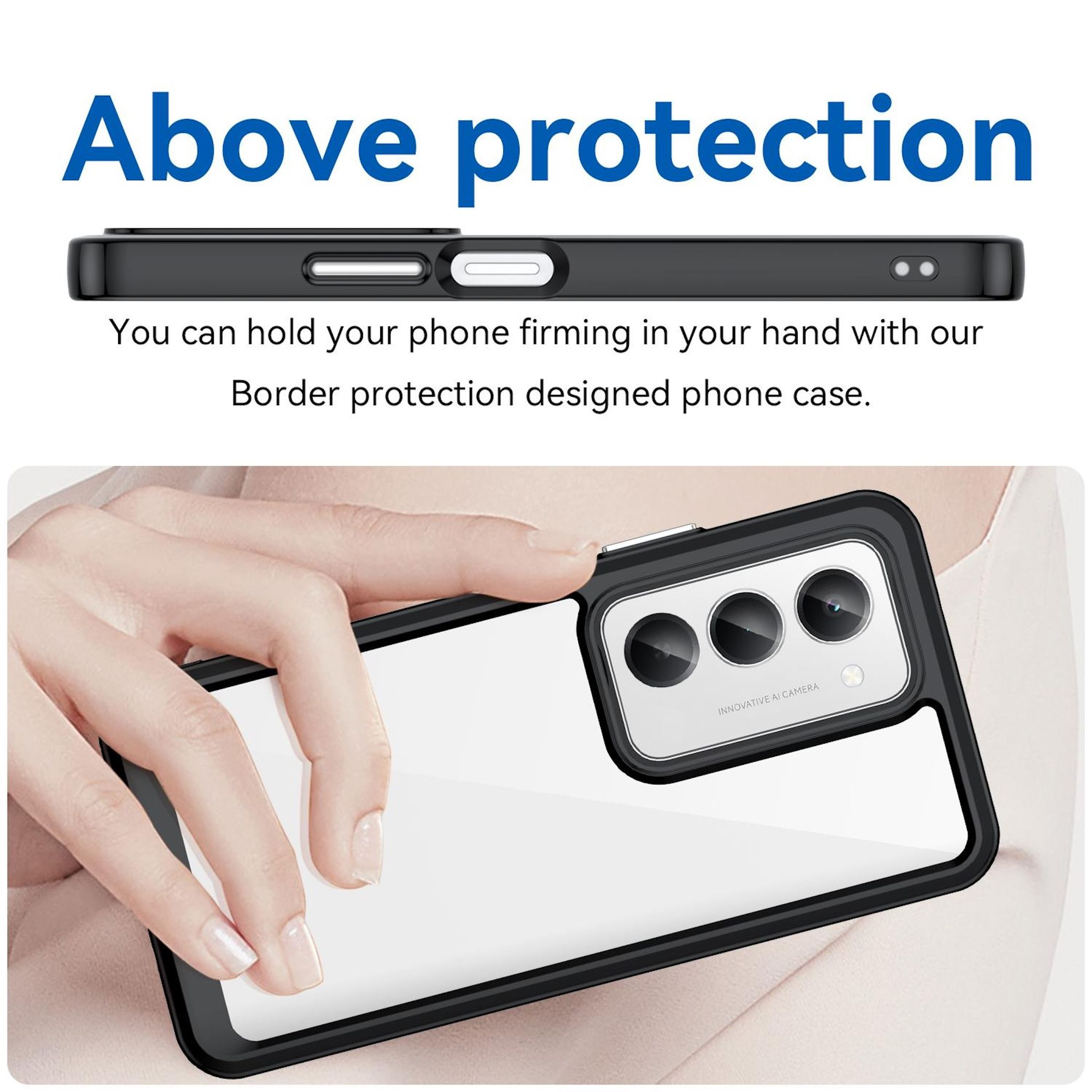 Una mano tiene uno smartphone con bordo nero e retro trasparente.