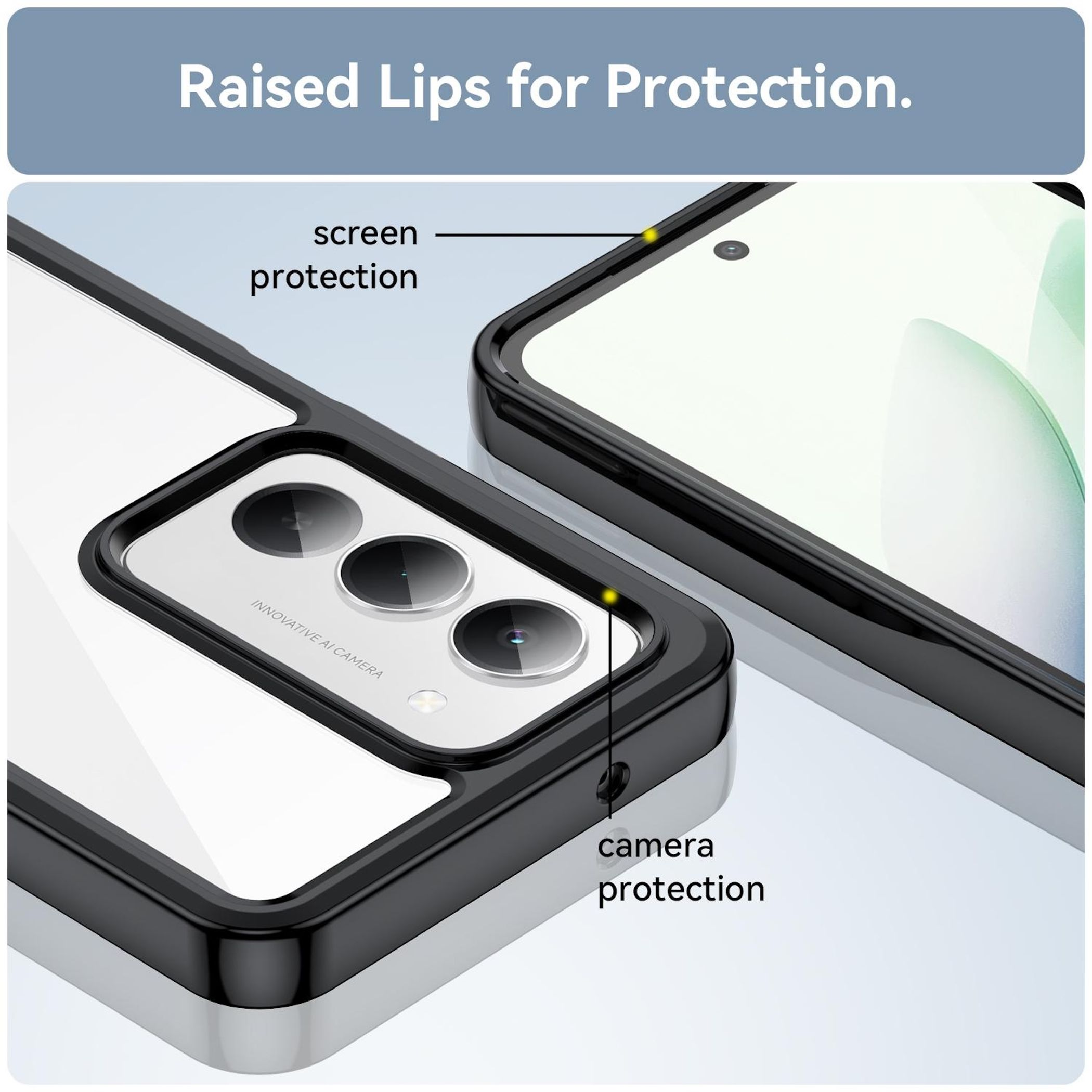 Custodia per telefono con bordi rialzati per protezione schermo e fotocamera.