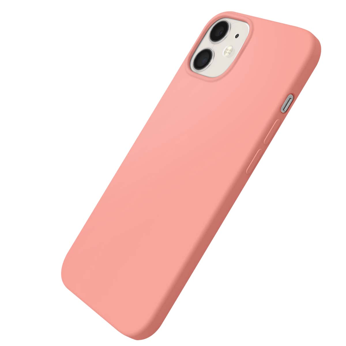 Una custodia per iPhone color pesca con ritaglio per doppia fotocamera è mostrata su sfondo bianco.