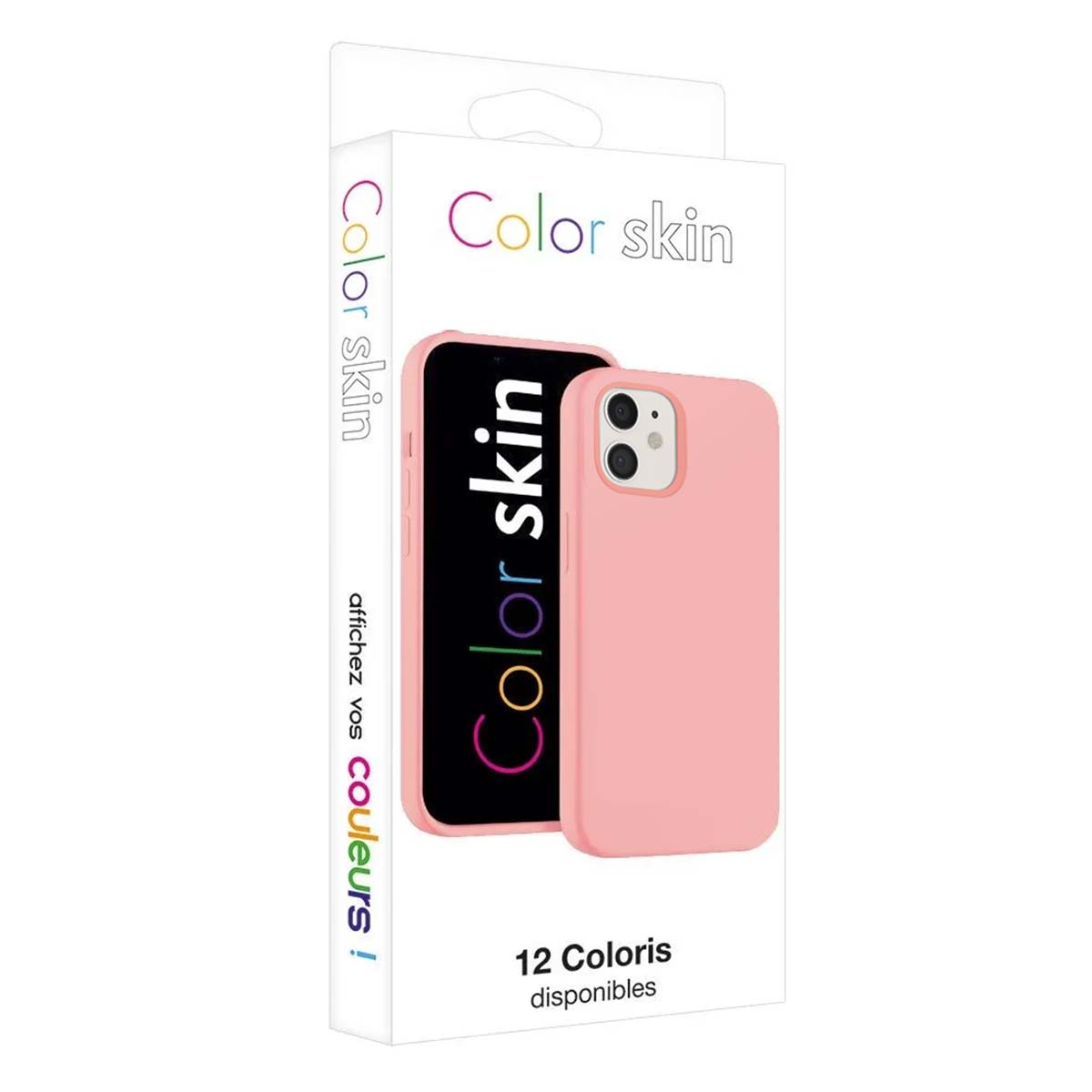 Coque de téléphone rose avec logo 'Color Skin' sur emballage. 12 coloris.