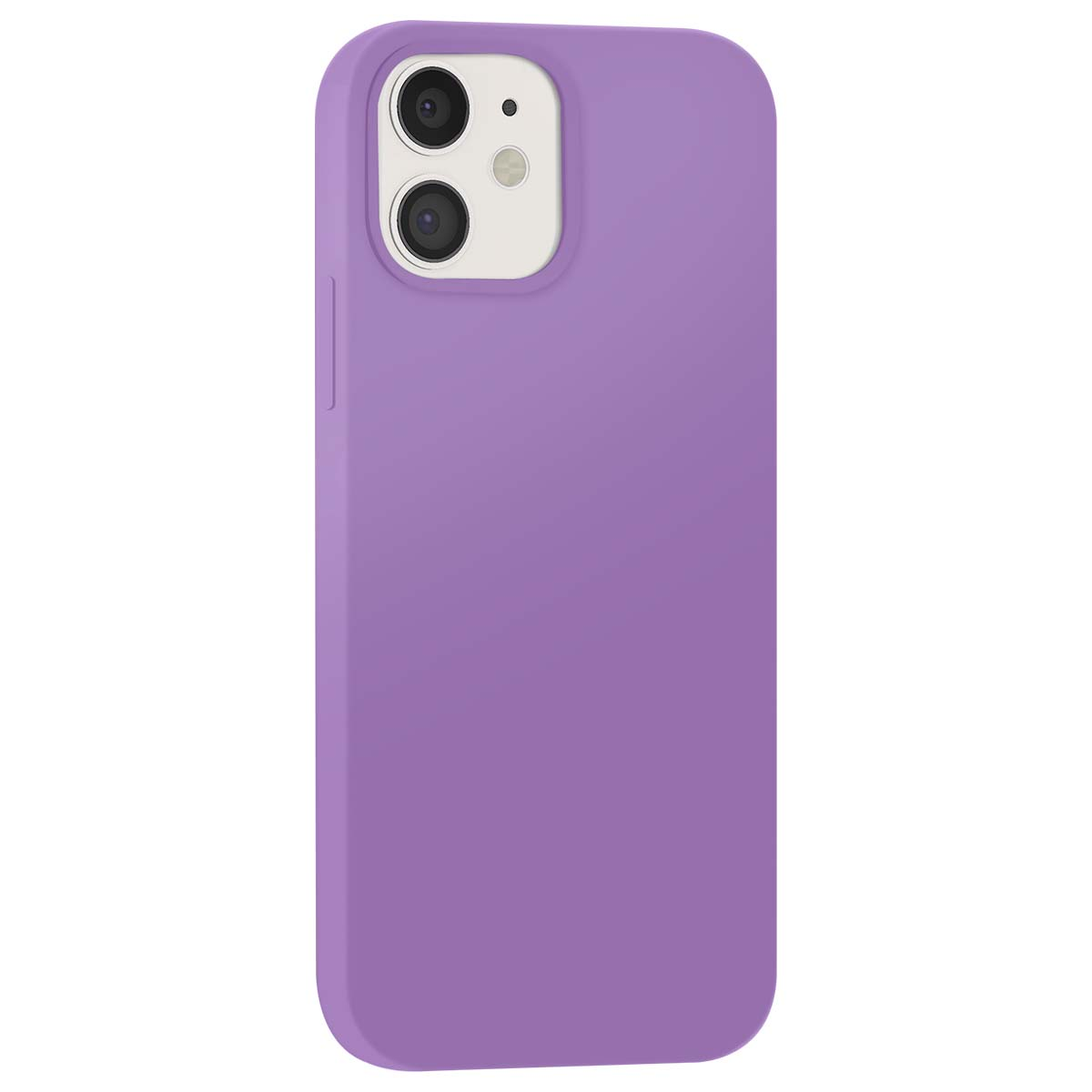 Una cover viola per telefono con ritaglio doppia fotocamera su sfondo bianco.