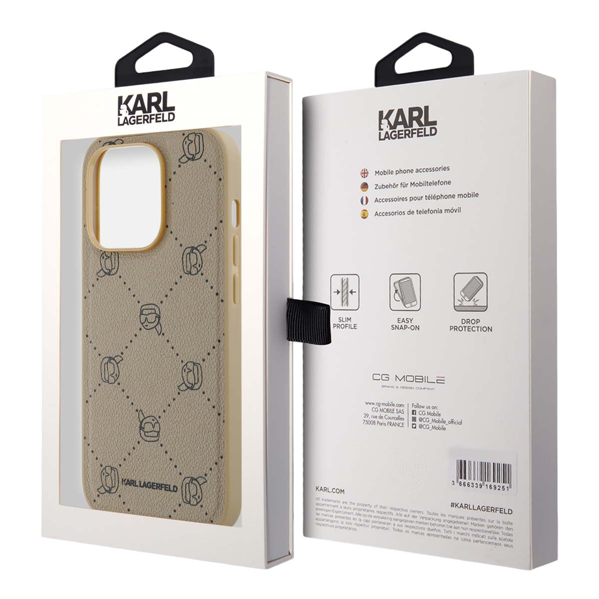 Custodia per telefono Karl Lagerfeld beige con fantasia e confezione.