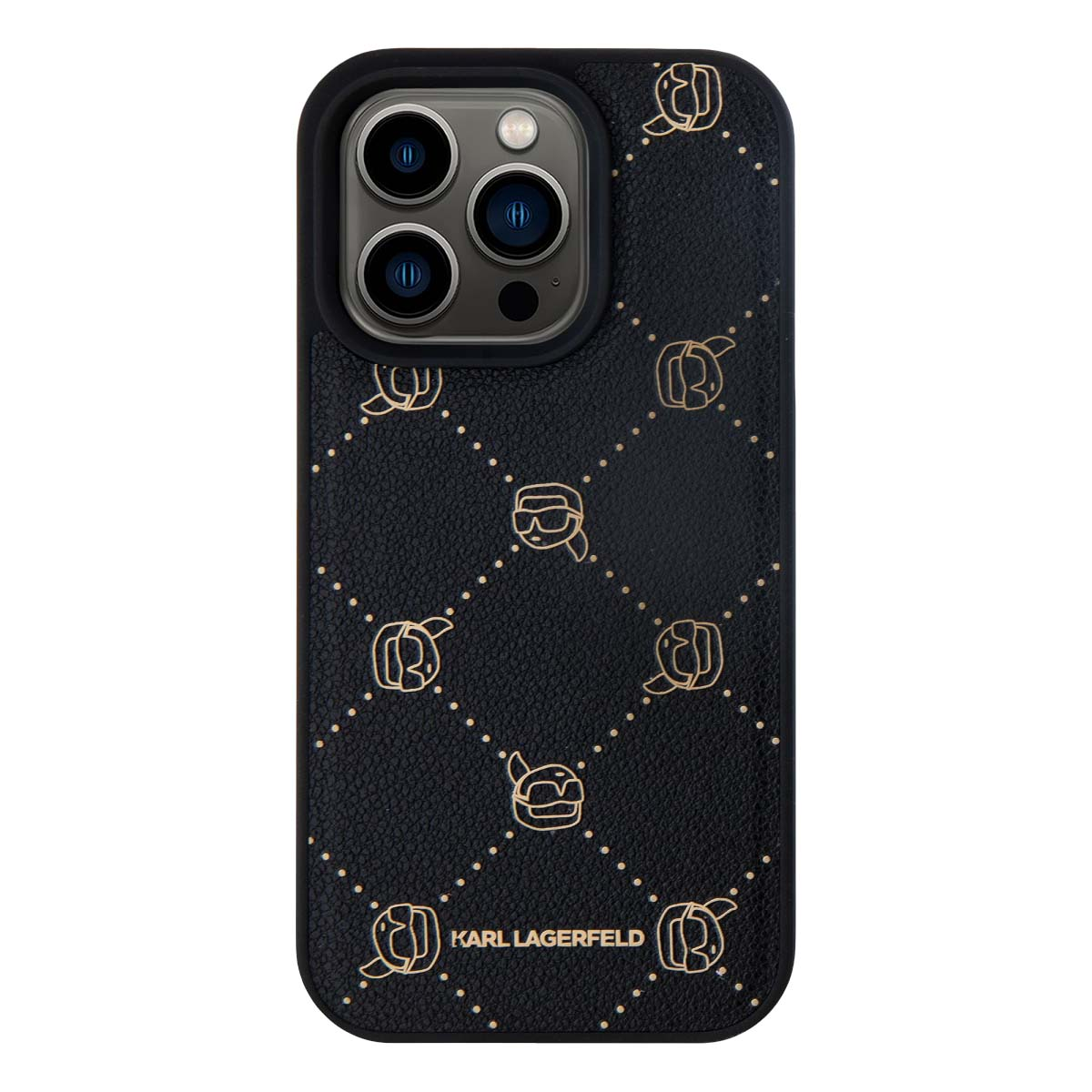 Custodia nera per telefono con logo Karl Lagerfeld dorato e motivo a rombi.