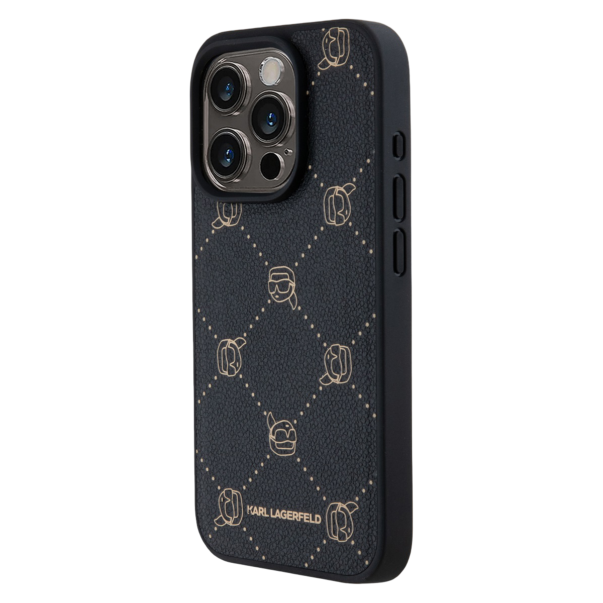 Custodia nera per iPhone con motivo logo Karl Lagerfeld e ritaglio fotocamera.
