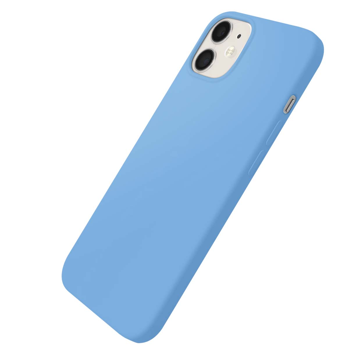 Une coque de téléphone bleu clair avec découpe double caméra est présentée sur fond blanc.