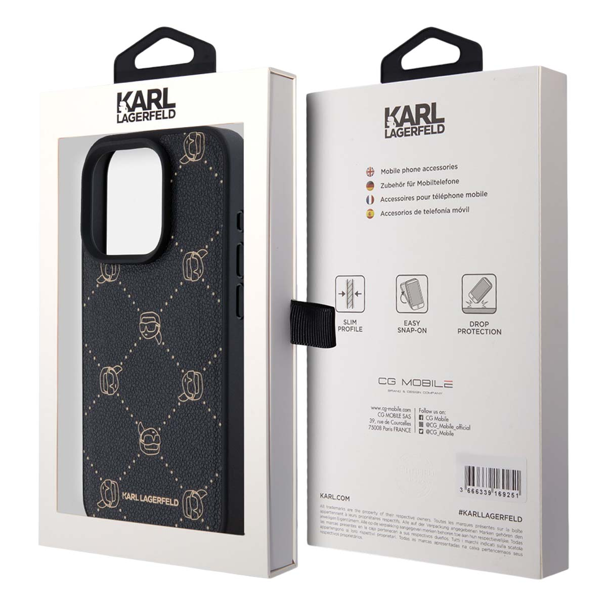 Custodia nera per telefono con motivo logo Karl Lagerfeld dorato, in confezione.