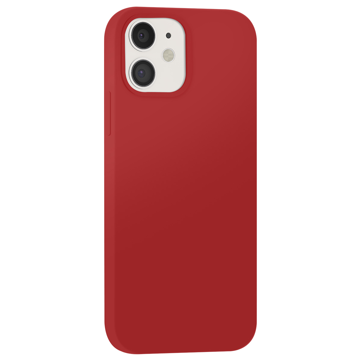 Une coque rouge pour iPhone avec découpe double caméra est montrée sur fond blanc.