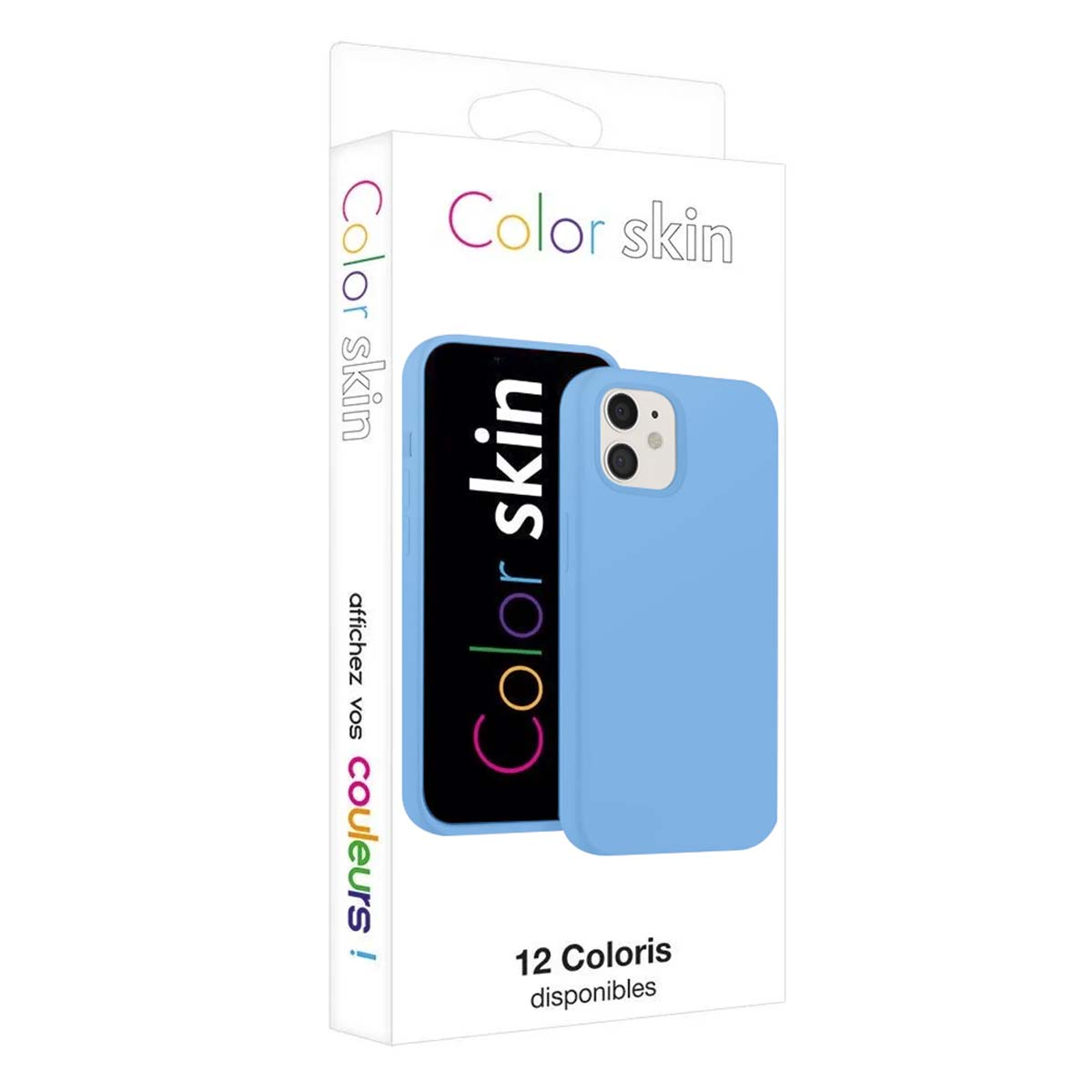 Une coque de téléphone bleu clair est montrée sur un téléphone avec le texte « Color skin ».