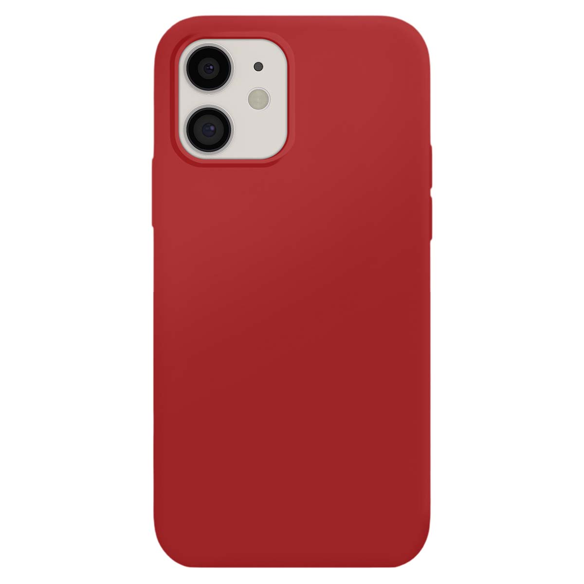 Coque iPhone rouge avec découpe double caméra sur fond blanc.