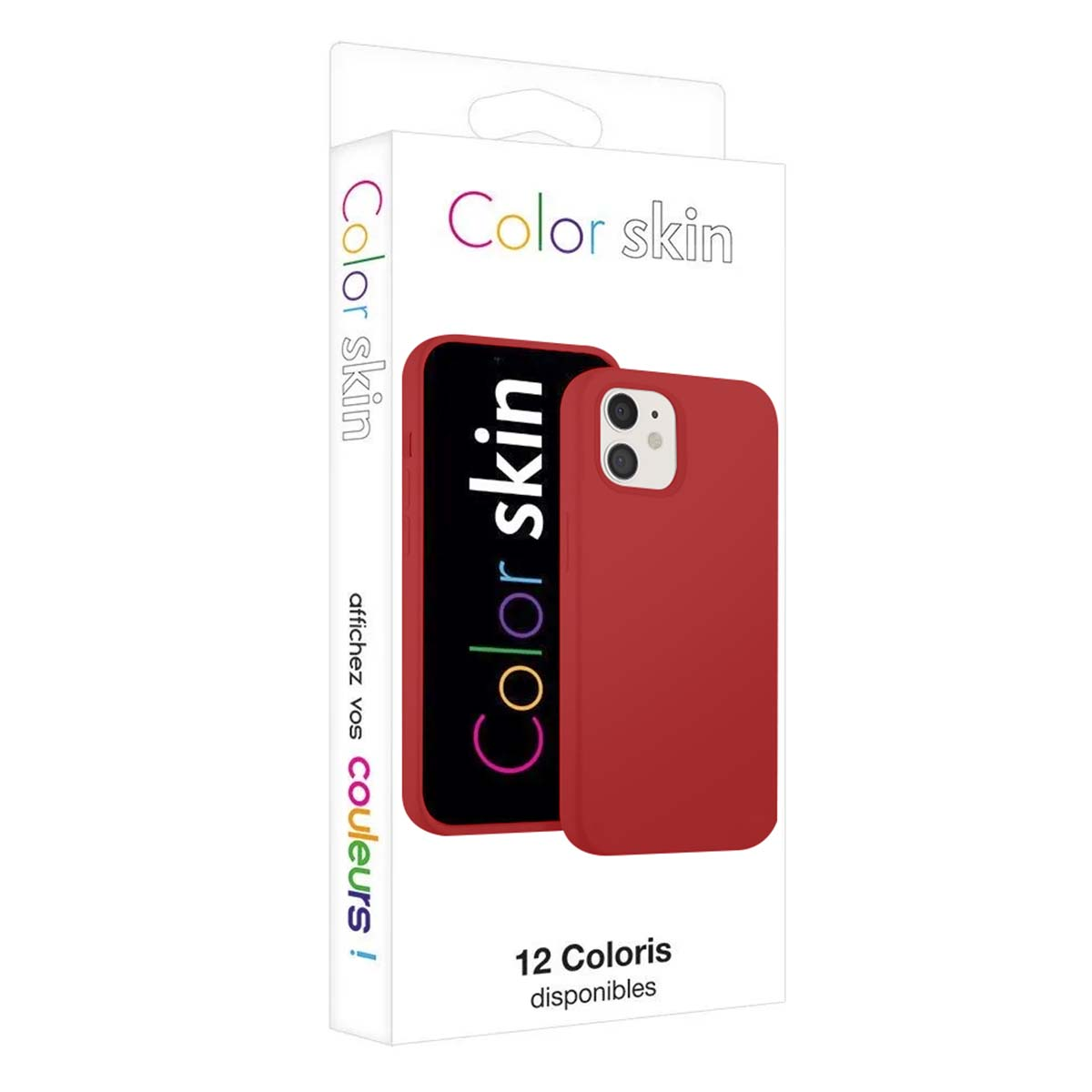 Coque de téléphone rouge avec marque 'Color skin', sur un téléphone.