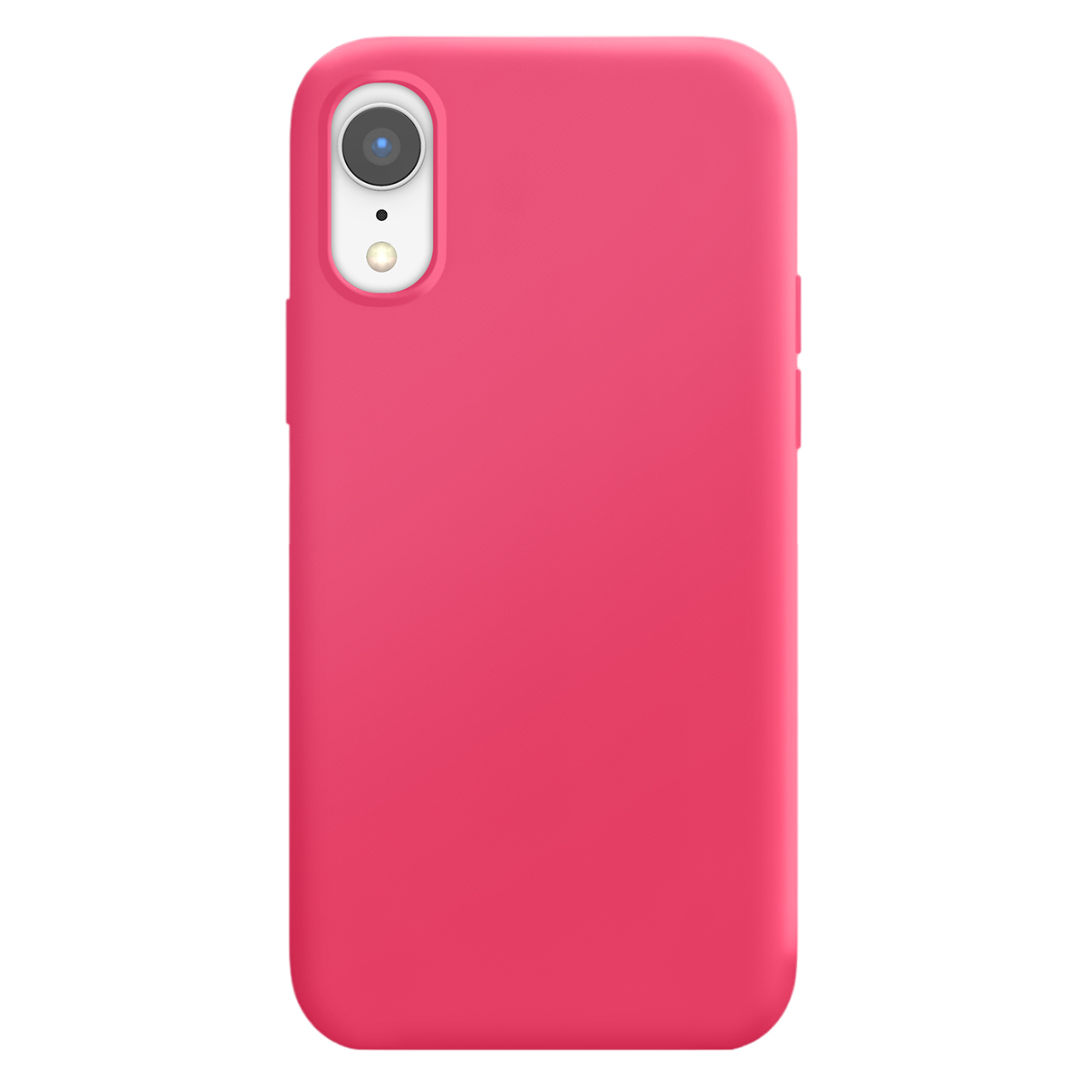 Una funda de teléfono rosa brillante con recorte de cámara sobre fondo blanco.