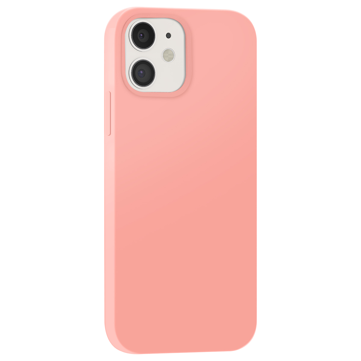Une coque rose pour iPhone avec découpe double caméra est présentée sur fond blanc.