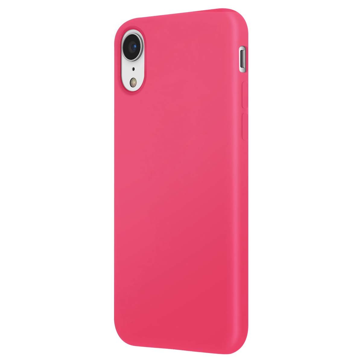 Una funda de teléfono rosa brillante con una lente de cámara a la izquierda.