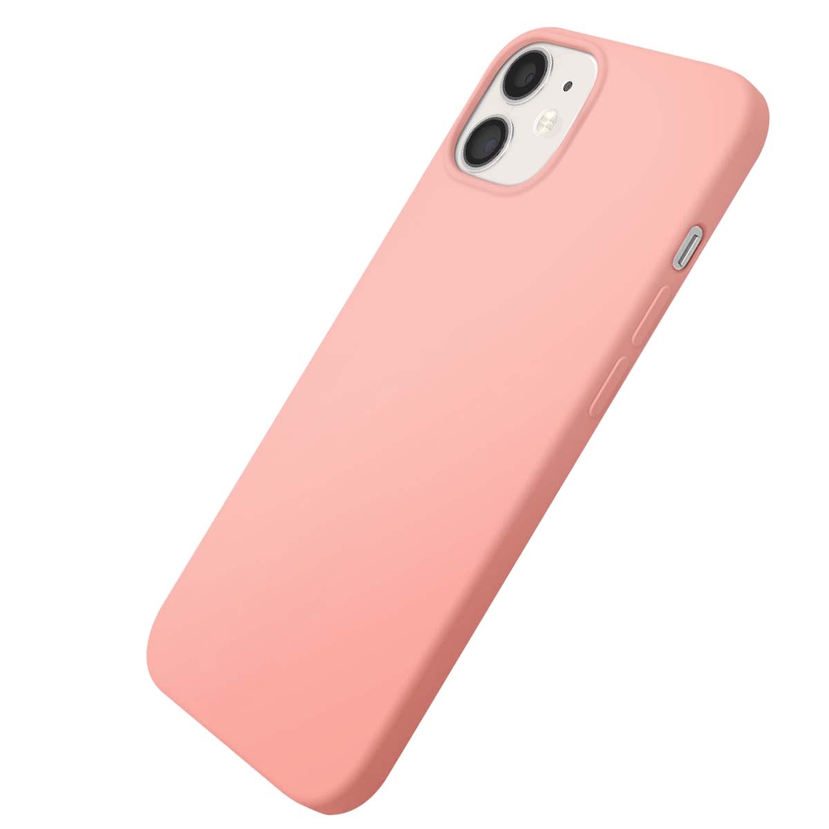 Une coque de téléphone rose pâle avec découpe double caméra est montrée sur fond blanc.