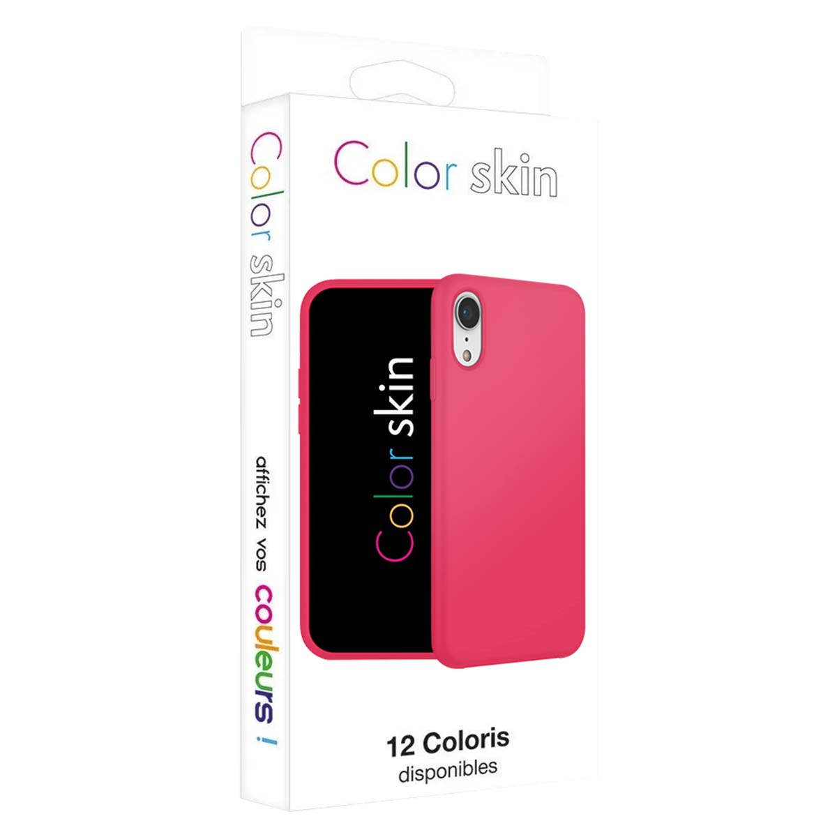 Funda de teléfono rosa y embalaje para Color Skin, mostrando 12 colores.