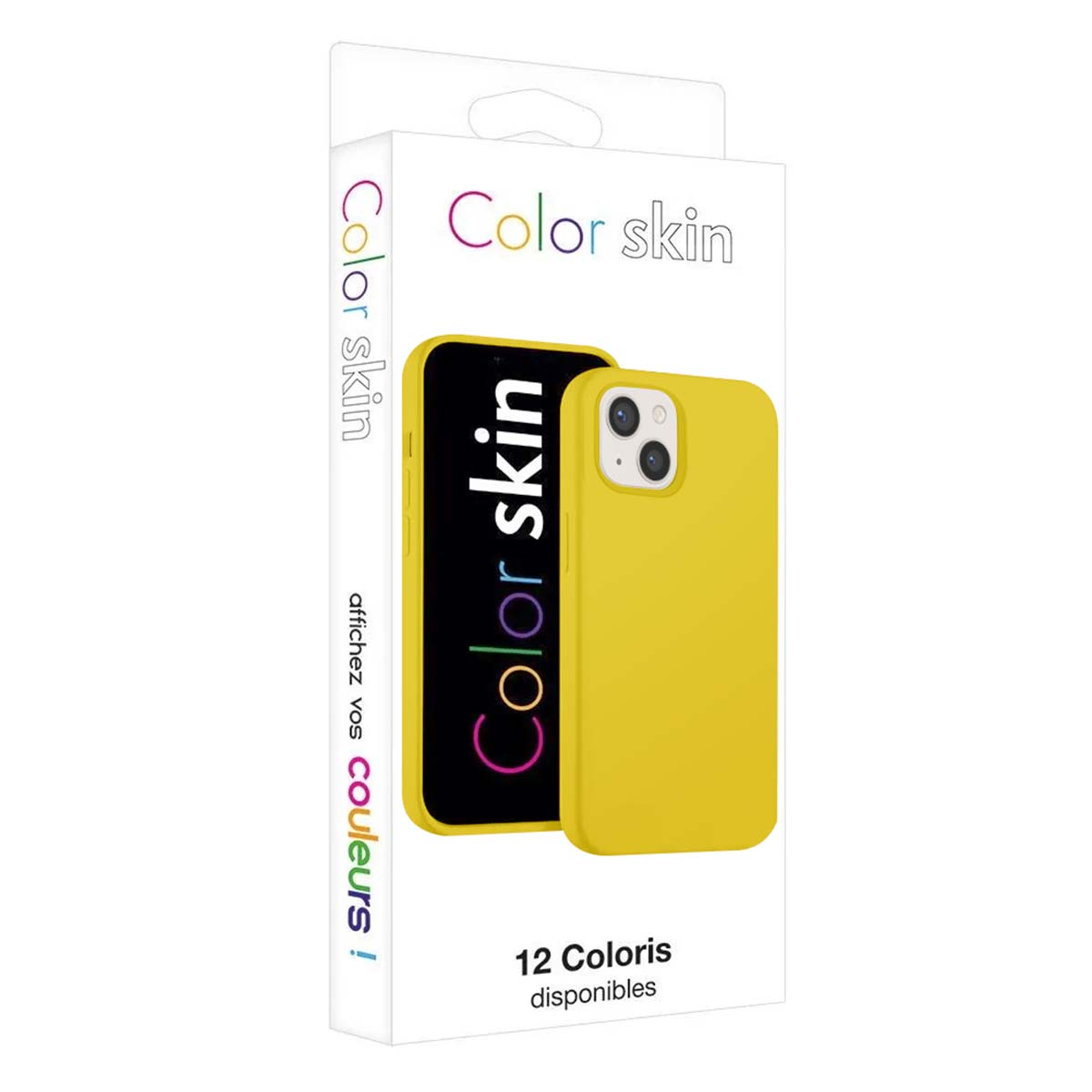 Gelbe iPhone-Hülle und Verpackung mit "Color skin"-Branding und Text "12 Farben verfügbar".