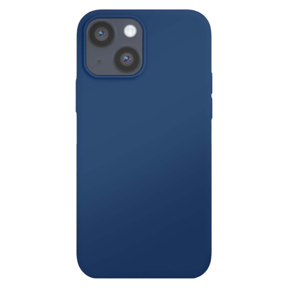 Una cover blu scuro per iPhone con ritaglio doppia fotocamera su sfondo bianco.