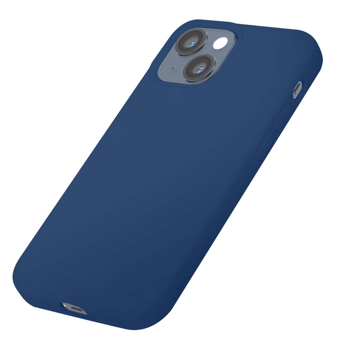 Una custodia blu scuro per iPhone con un rigonfiamento a doppia fotocamera è mostrata su sfondo bianco.