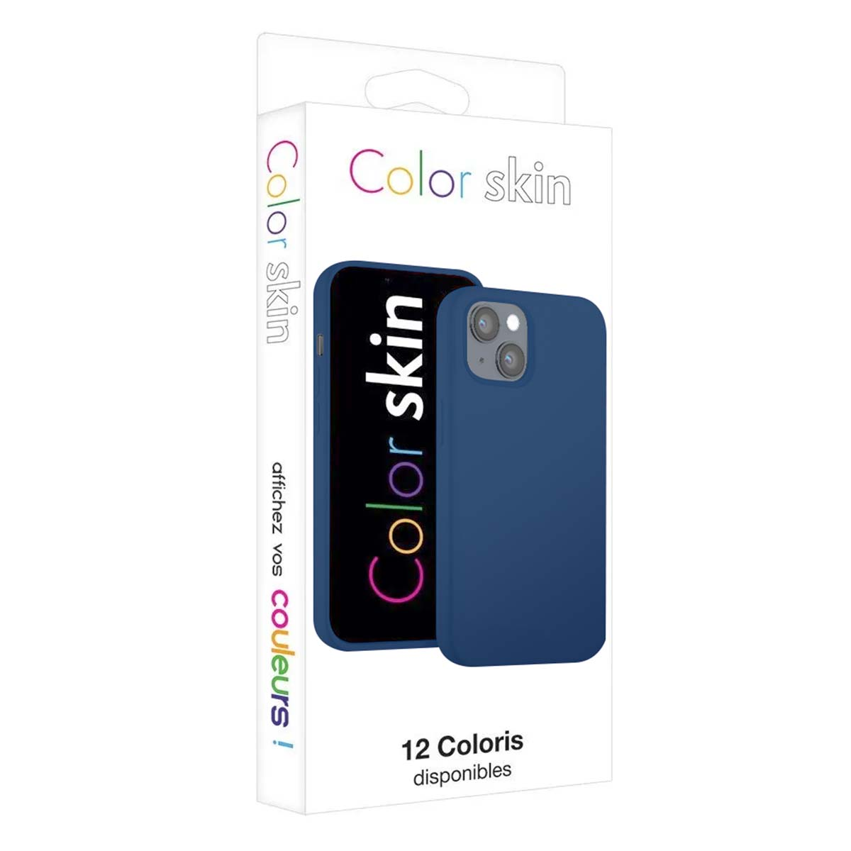 Una custodia blu accanto a un telefono che mostra "Color skin".