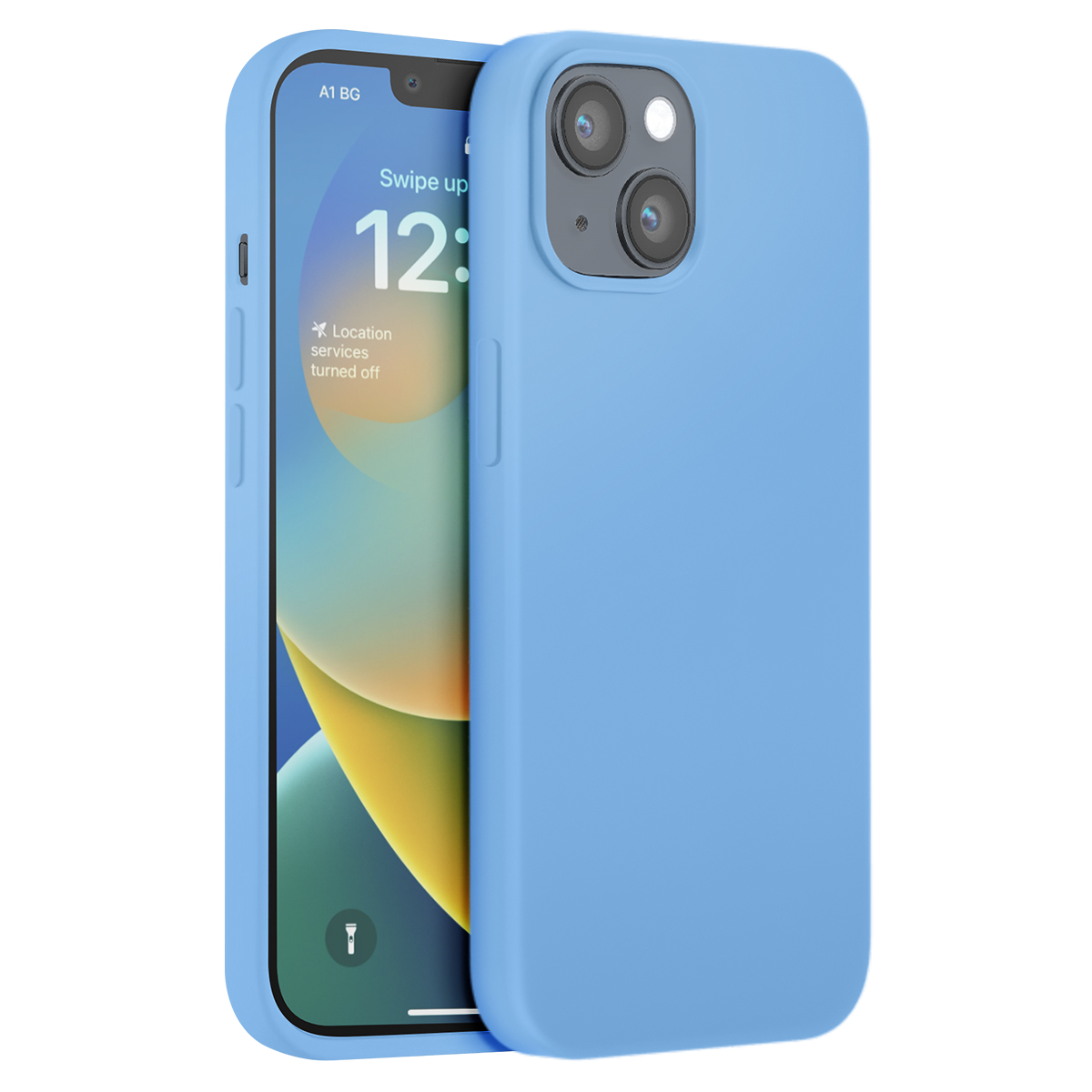 Un iPhone azzurro in una custodia abbinata, che mostra la schermata di blocco con l'ora 12:00.