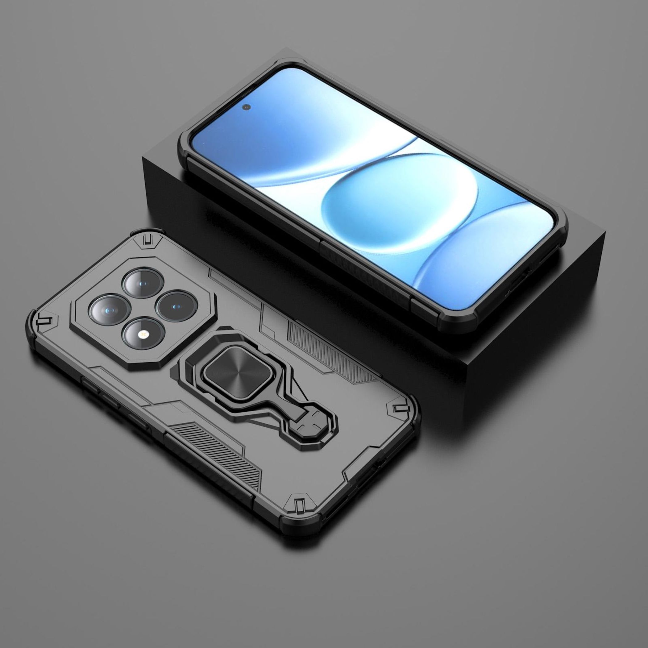 Ein schwarzes Smartphone mit Hülle und Ringhalterung liegt daneben.